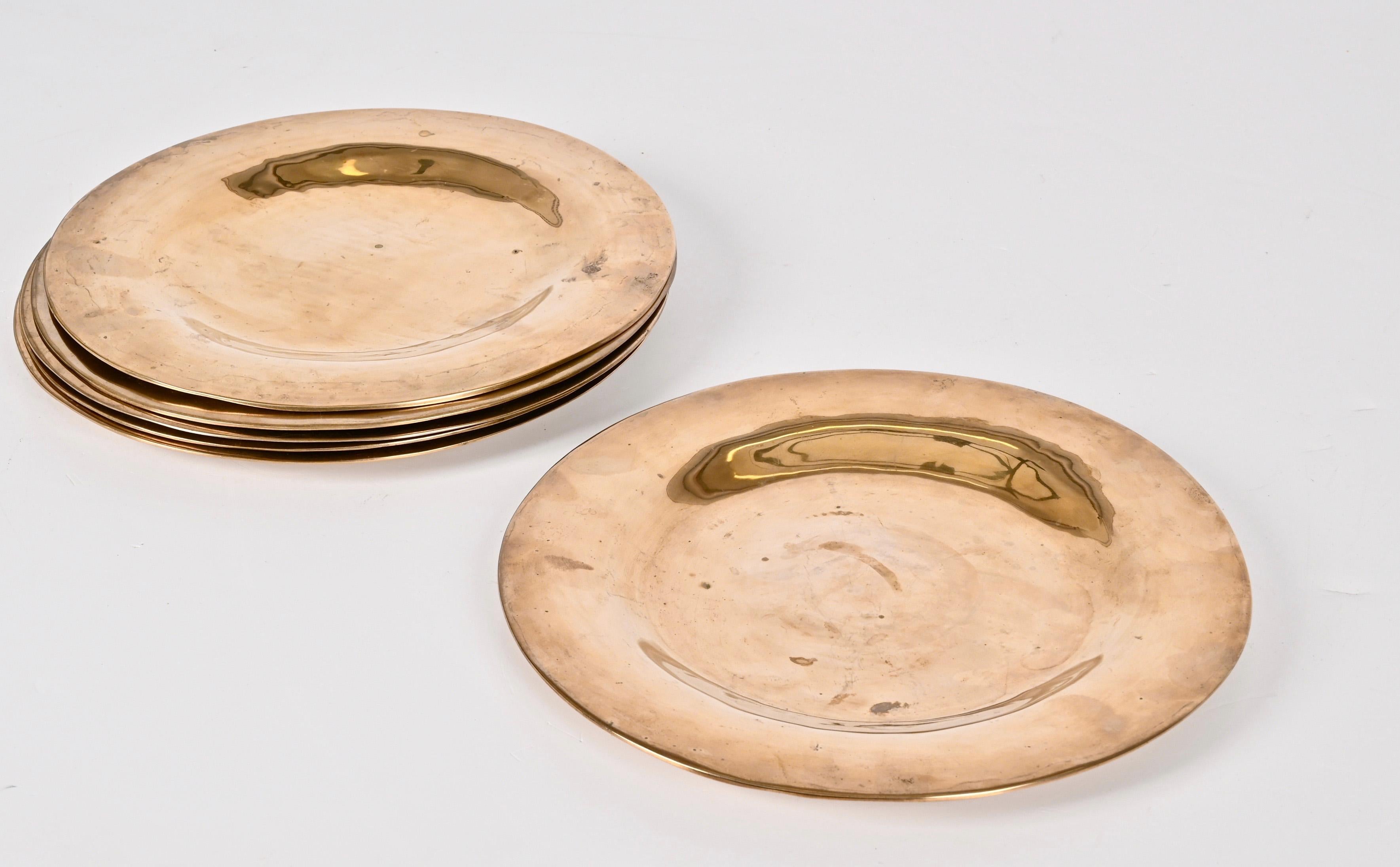 Set of Six Midcentury Round Brass Italian Dinner Plates, 1970s 8