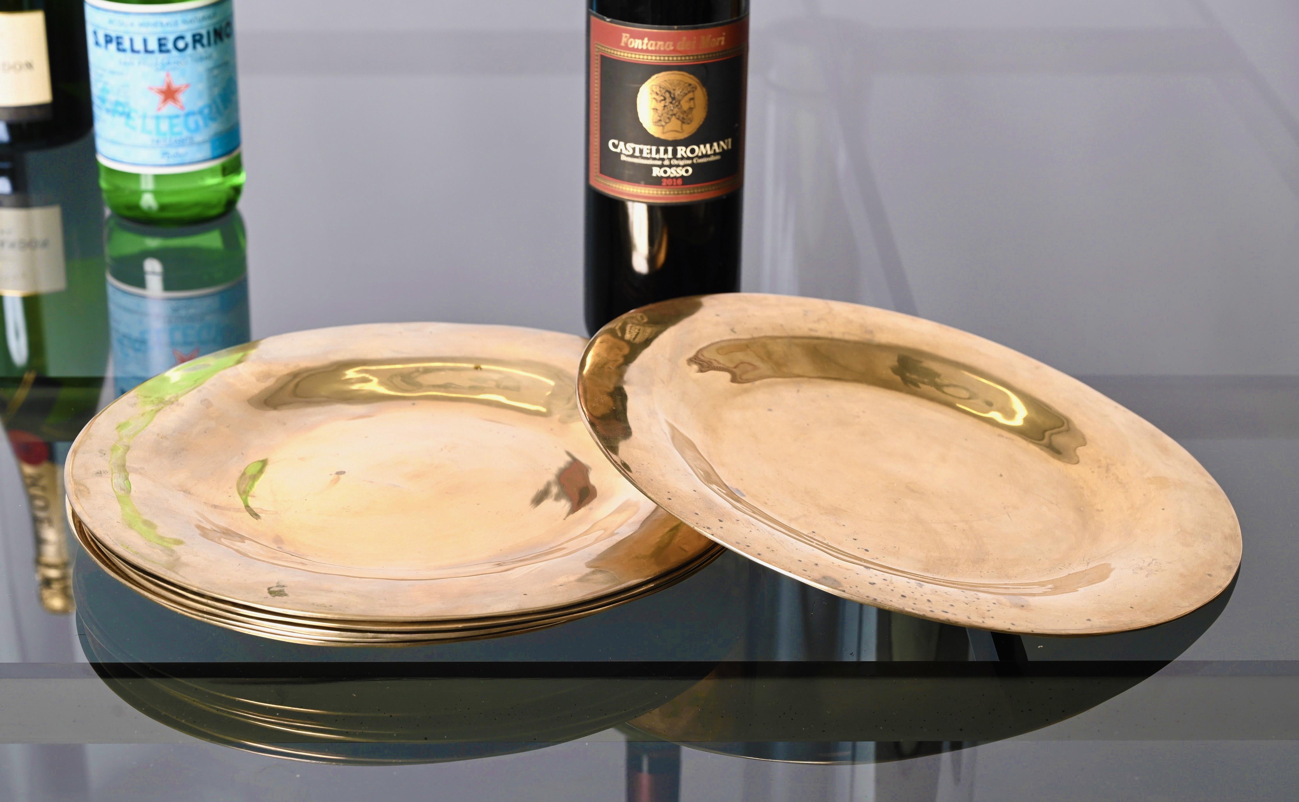 Set of Six Midcentury Round Brass Italian Dinner Plates, 1970s 11
