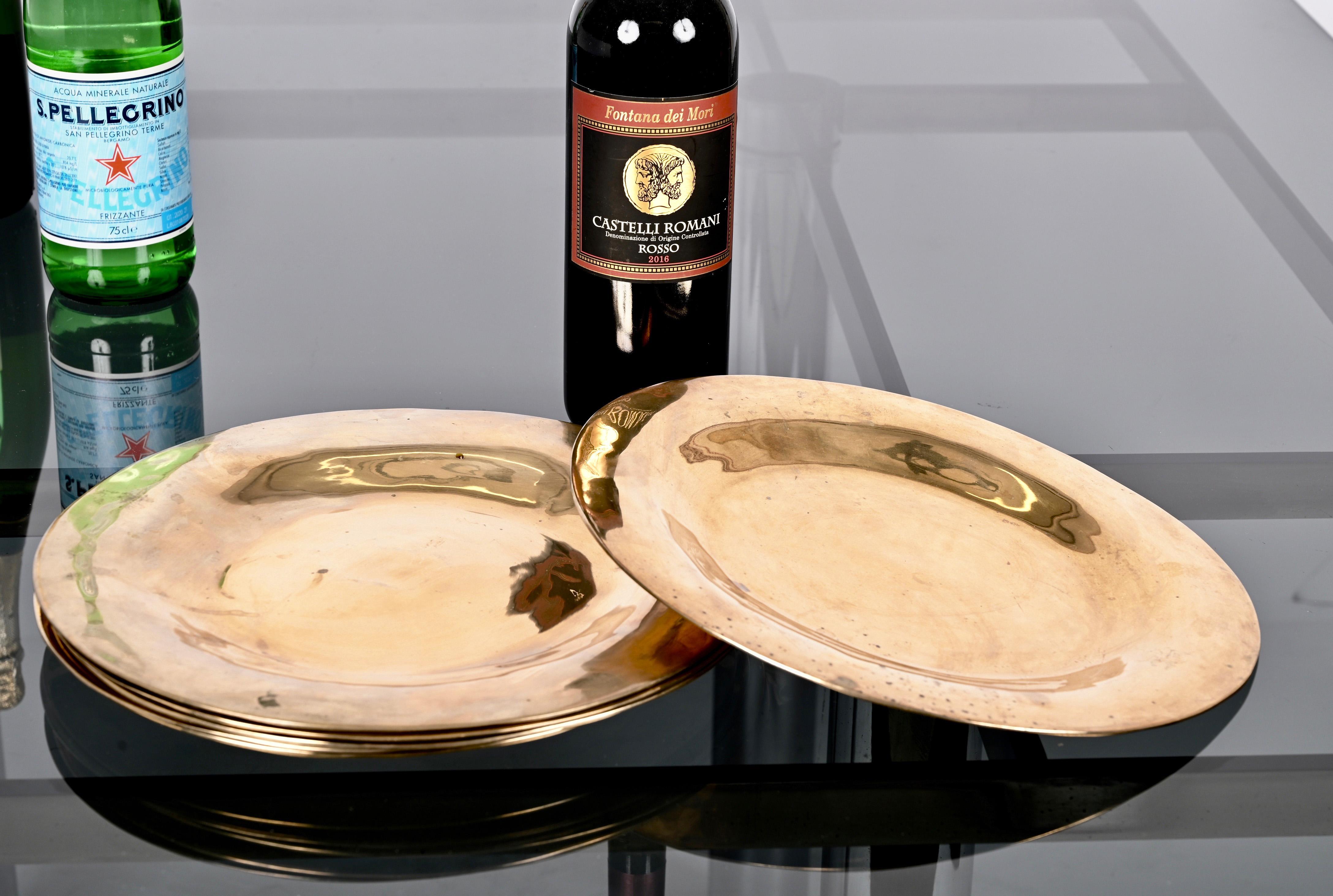 Set of Six Midcentury Round Brass Italian Dinner Plates, 1970s 12