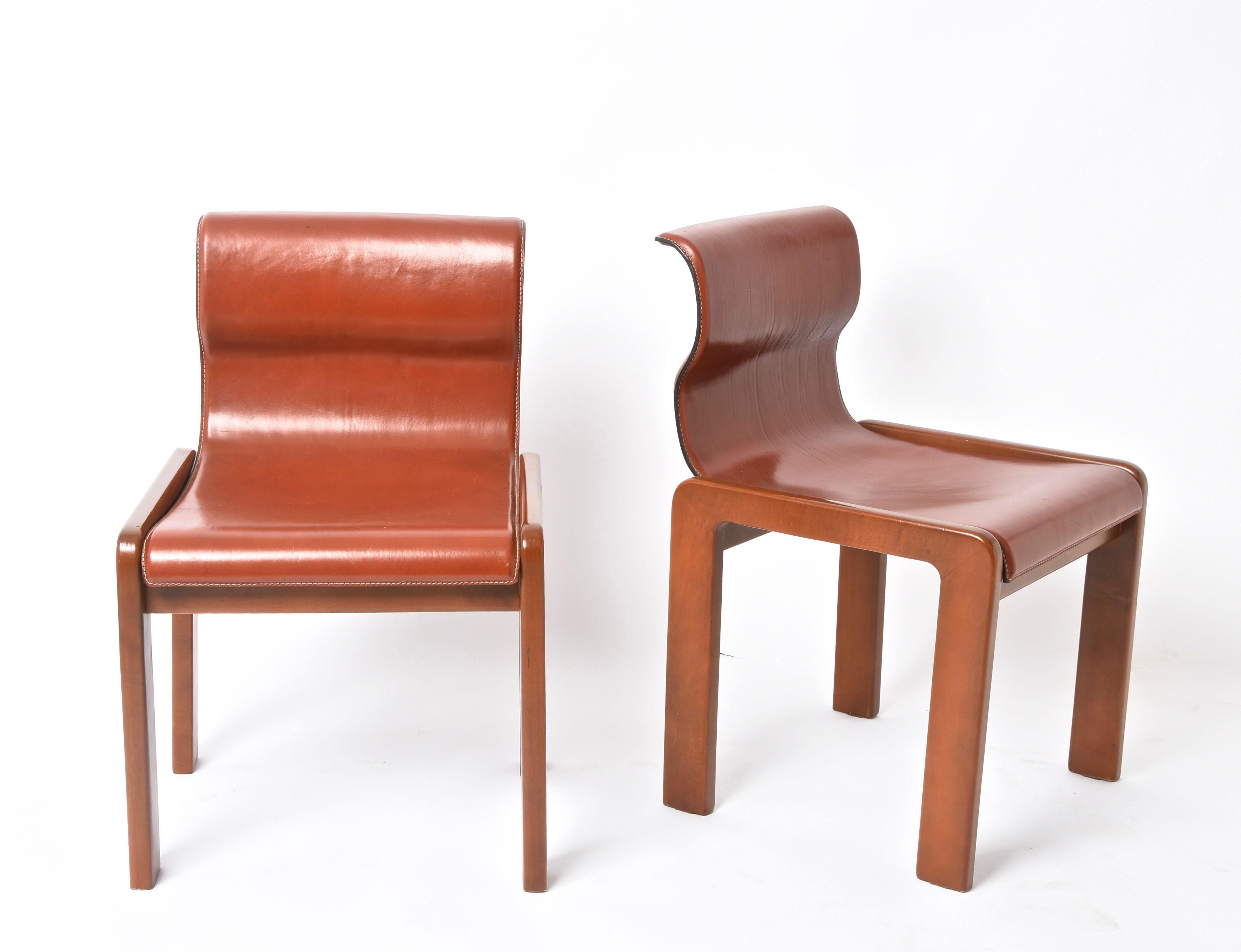 Set of Midcentury Tobia & Afra Scarpa Leather and Wood Italian Chairs, 1960s 5