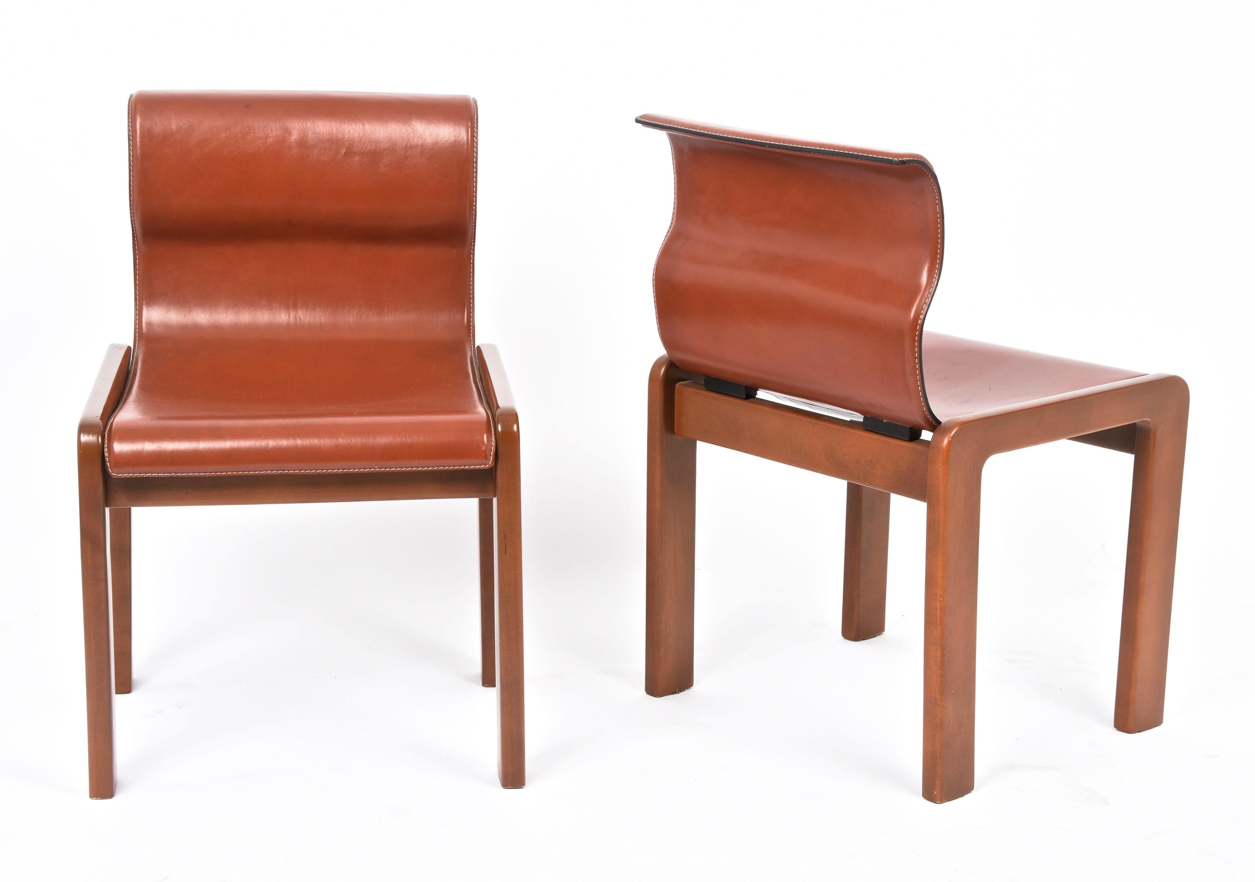 Set of Midcentury Tobia & Afra Scarpa Leather and Wood Italian Chairs, 1960s 6
