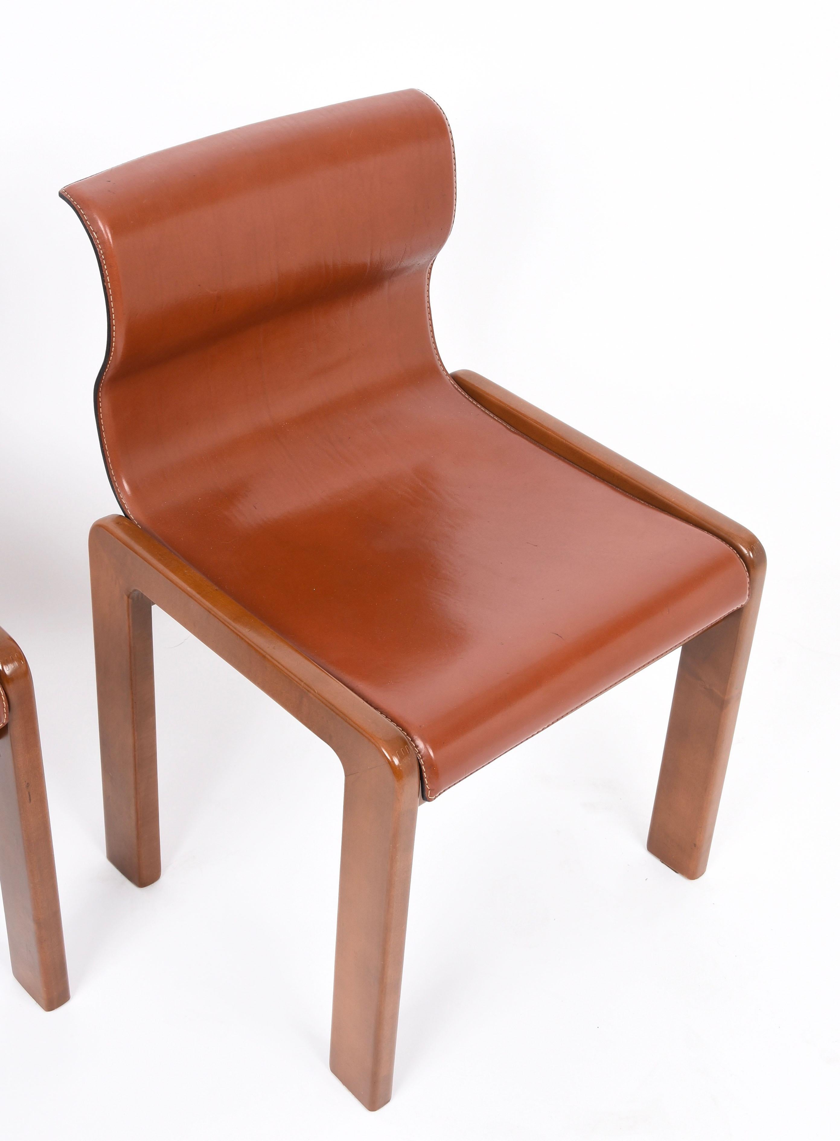 Set of Midcentury Tobia & Afra Scarpa Leather and Wood Italian Chairs, 1960s 7