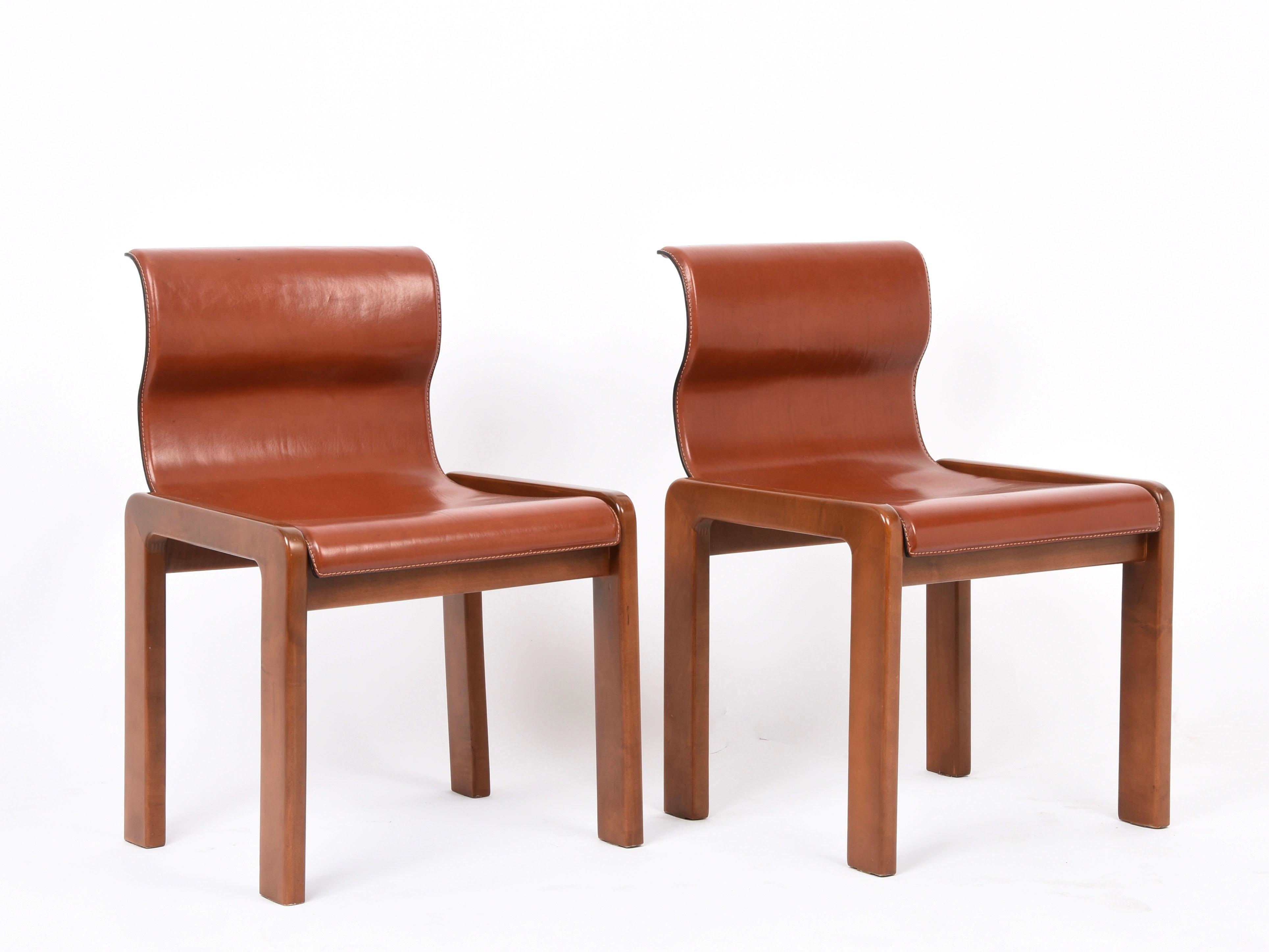 Set of Midcentury Tobia & Afra Scarpa Leather and Wood Italian Chairs, 1960s 10