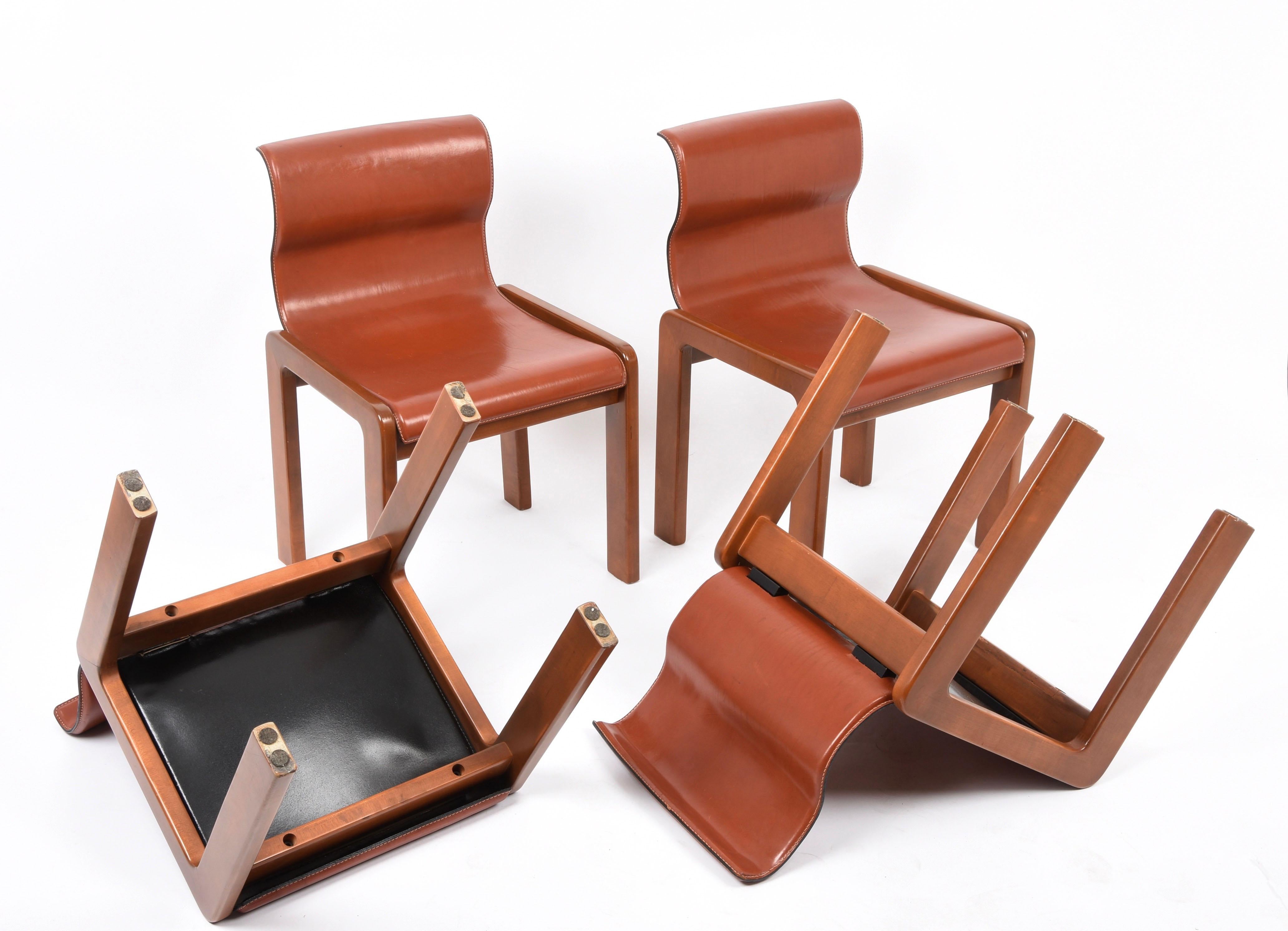 Set of Midcentury Tobia & Afra Scarpa Leather and Wood Italian Chairs, 1960s 11