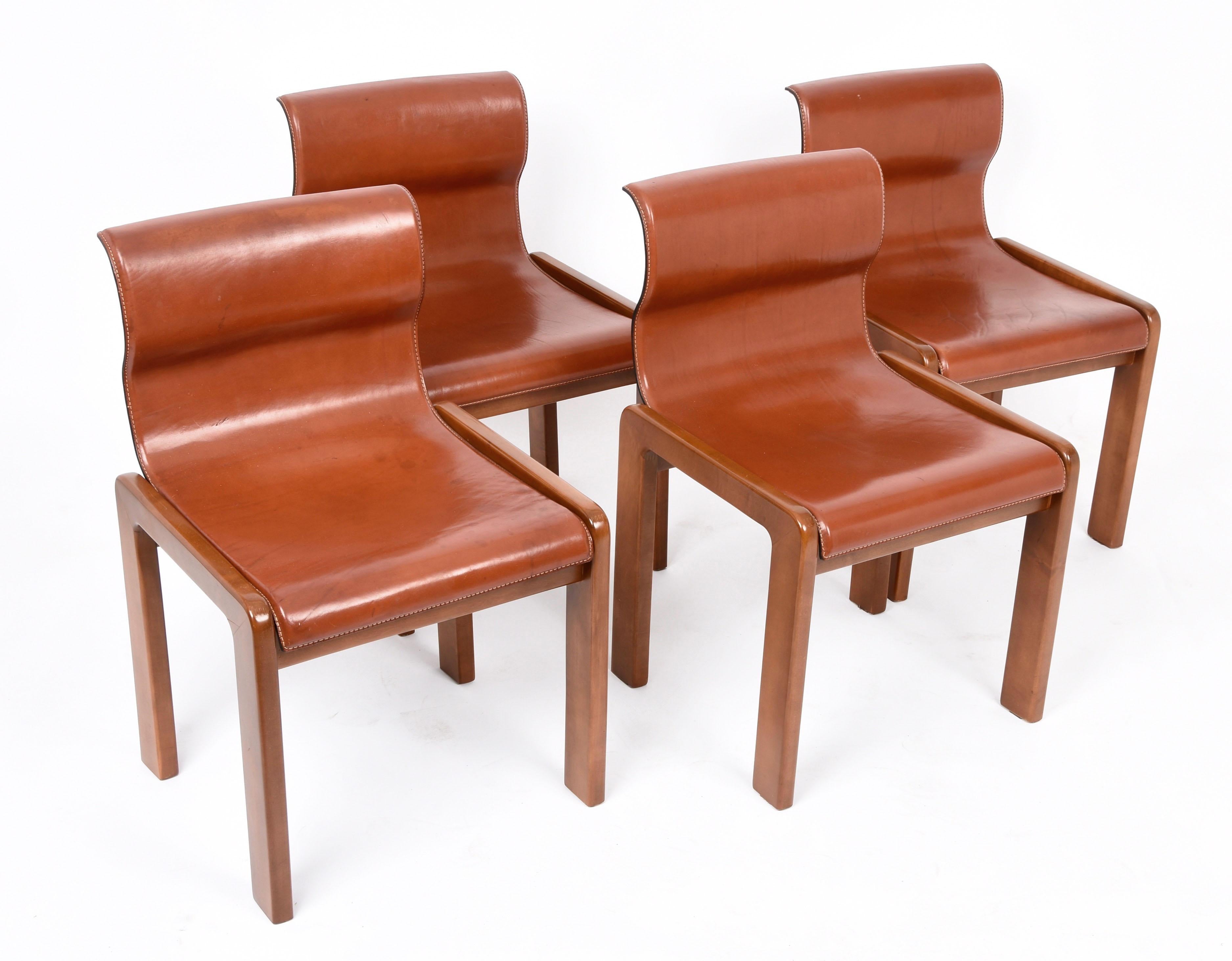 Set of Midcentury Tobia & Afra Scarpa Leather and Wood Italian Chairs, 1960s 12