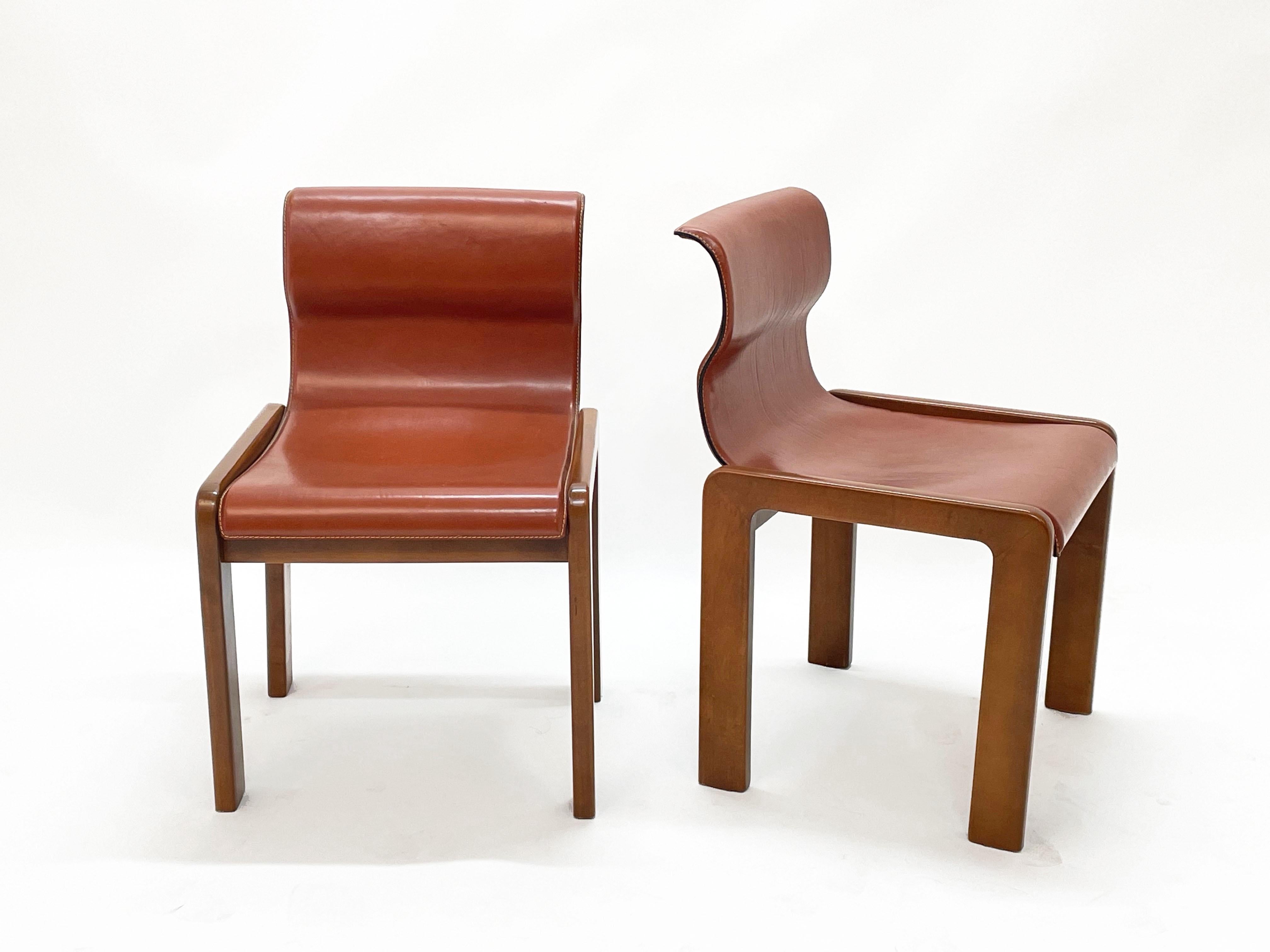 Set of Midcentury Tobia & Afra Scarpa Leather and Wood Italian Chairs, 1960s 13