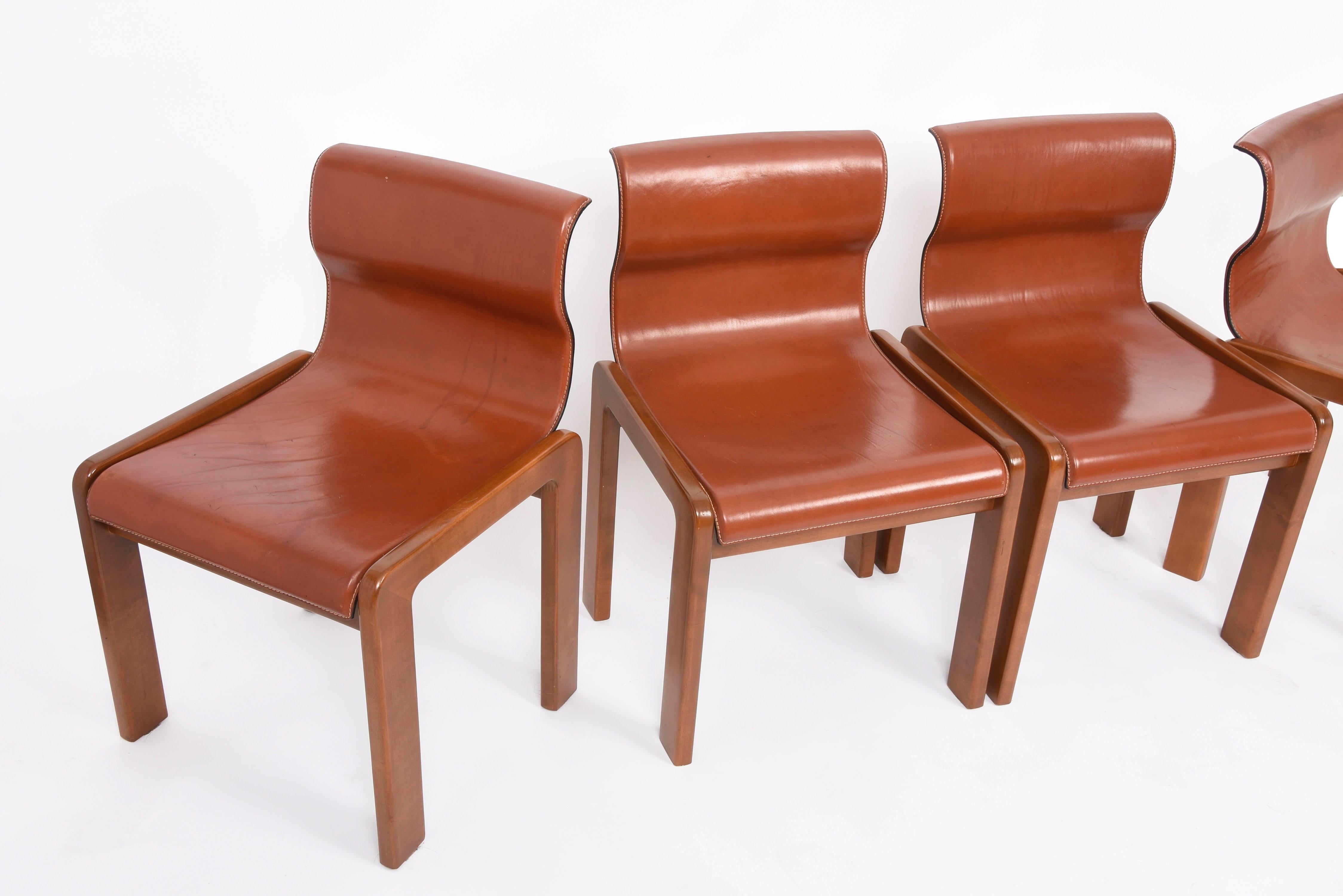 Mid-Century Modern Set of Midcentury Tobia & Afra Scarpa Leather and Wood Italian Chairs, 1960s