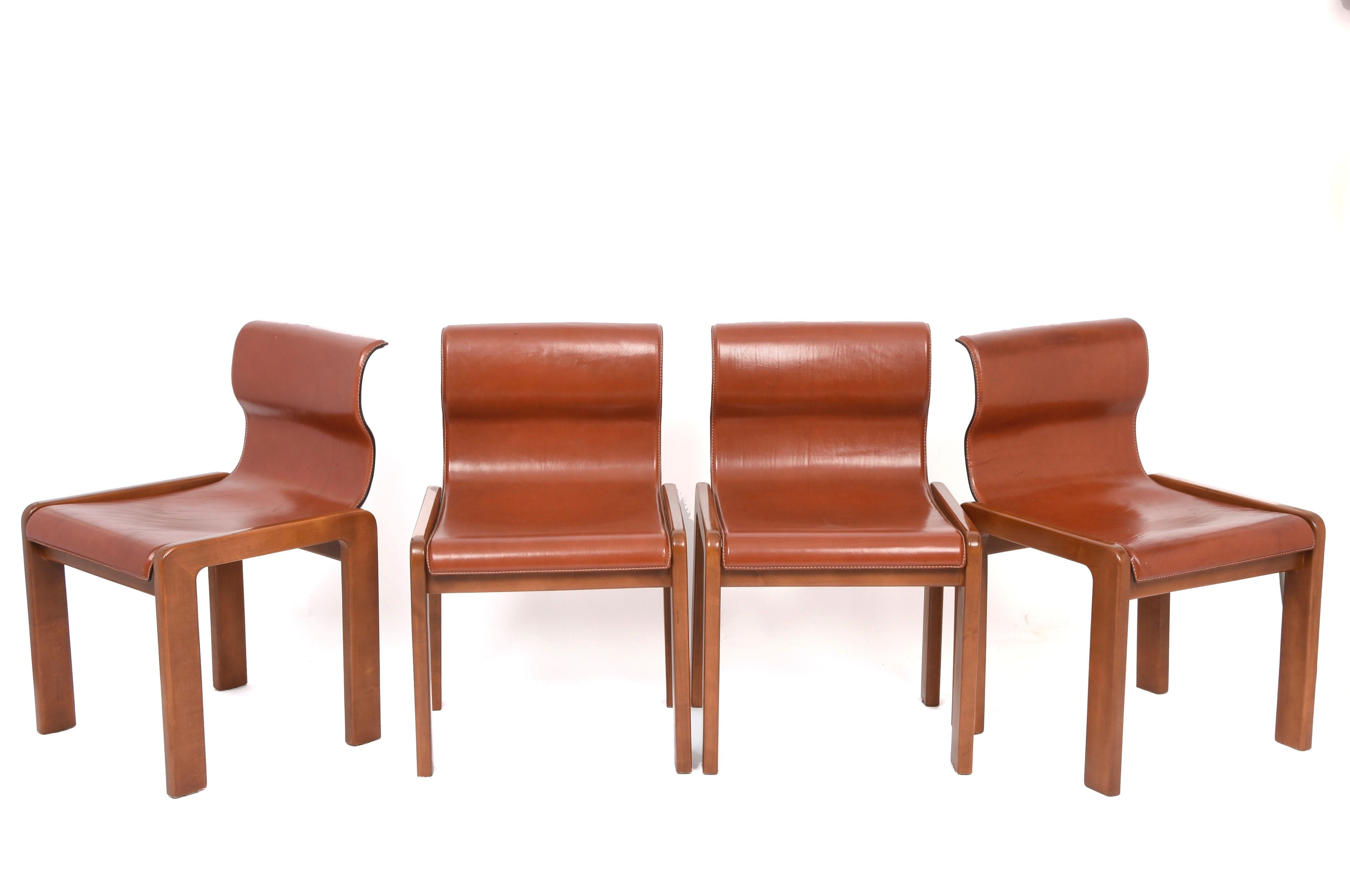 20th Century Set of Midcentury Tobia & Afra Scarpa Leather and Wood Italian Chairs, 1960s