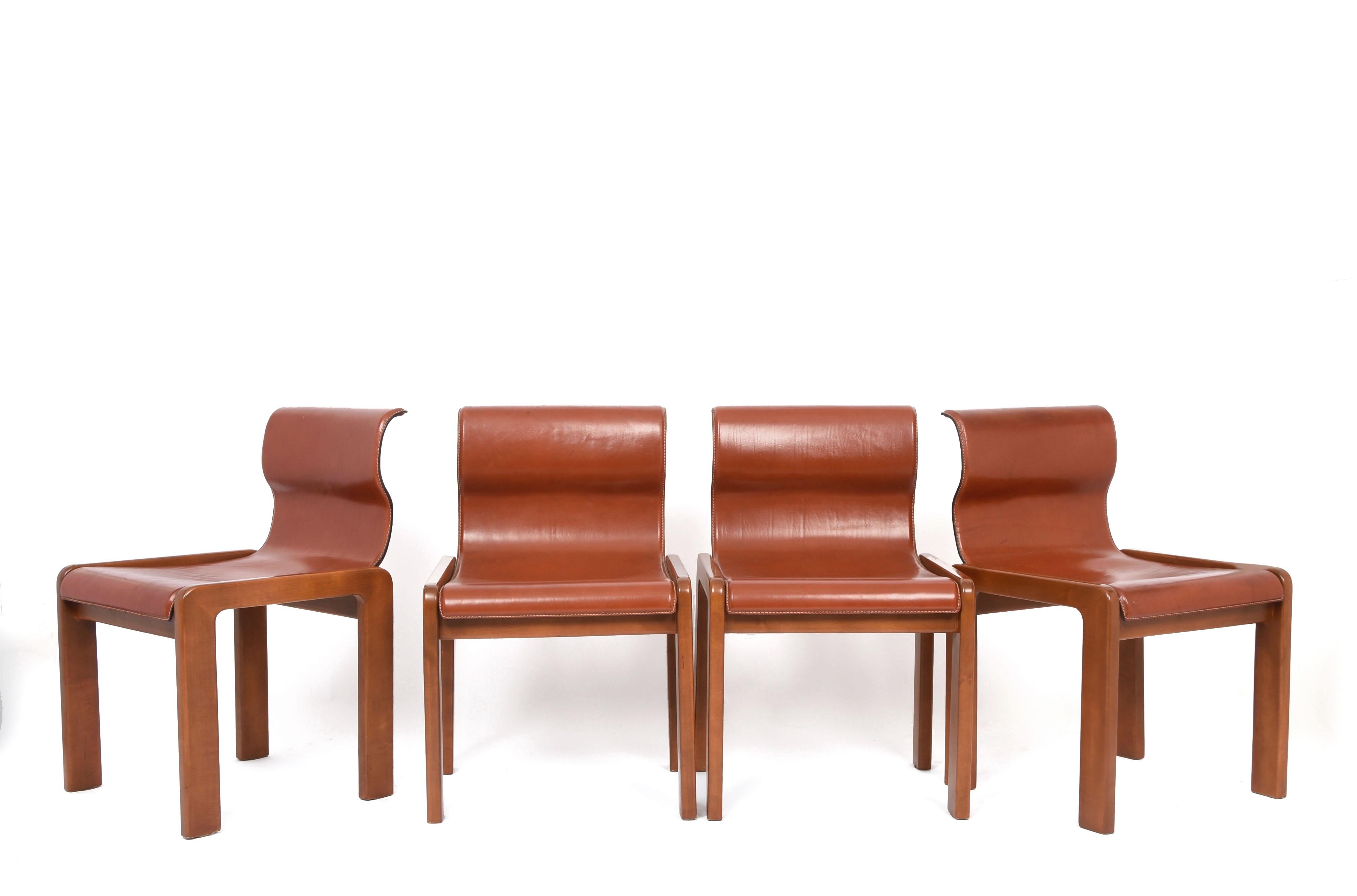 Set of Midcentury Tobia & Afra Scarpa Leather and Wood Italian Chairs, 1960s 2