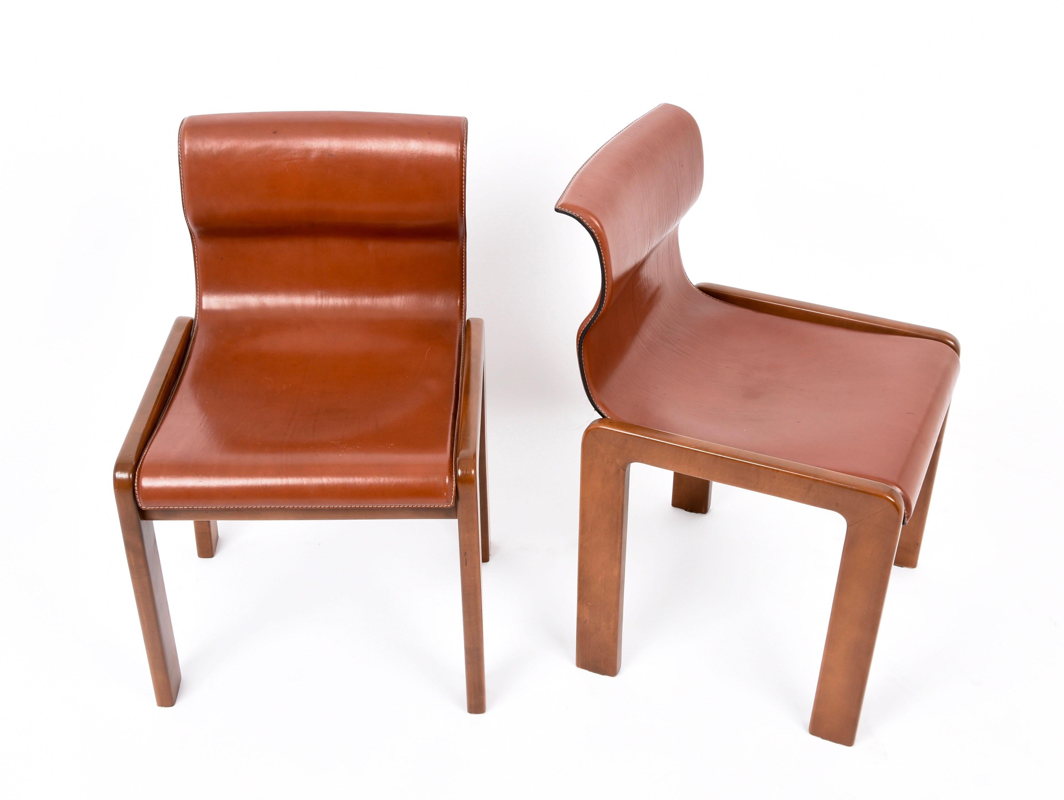 Set of Midcentury Tobia & Afra Scarpa Leather and Wood Italian Chairs, 1960s 3