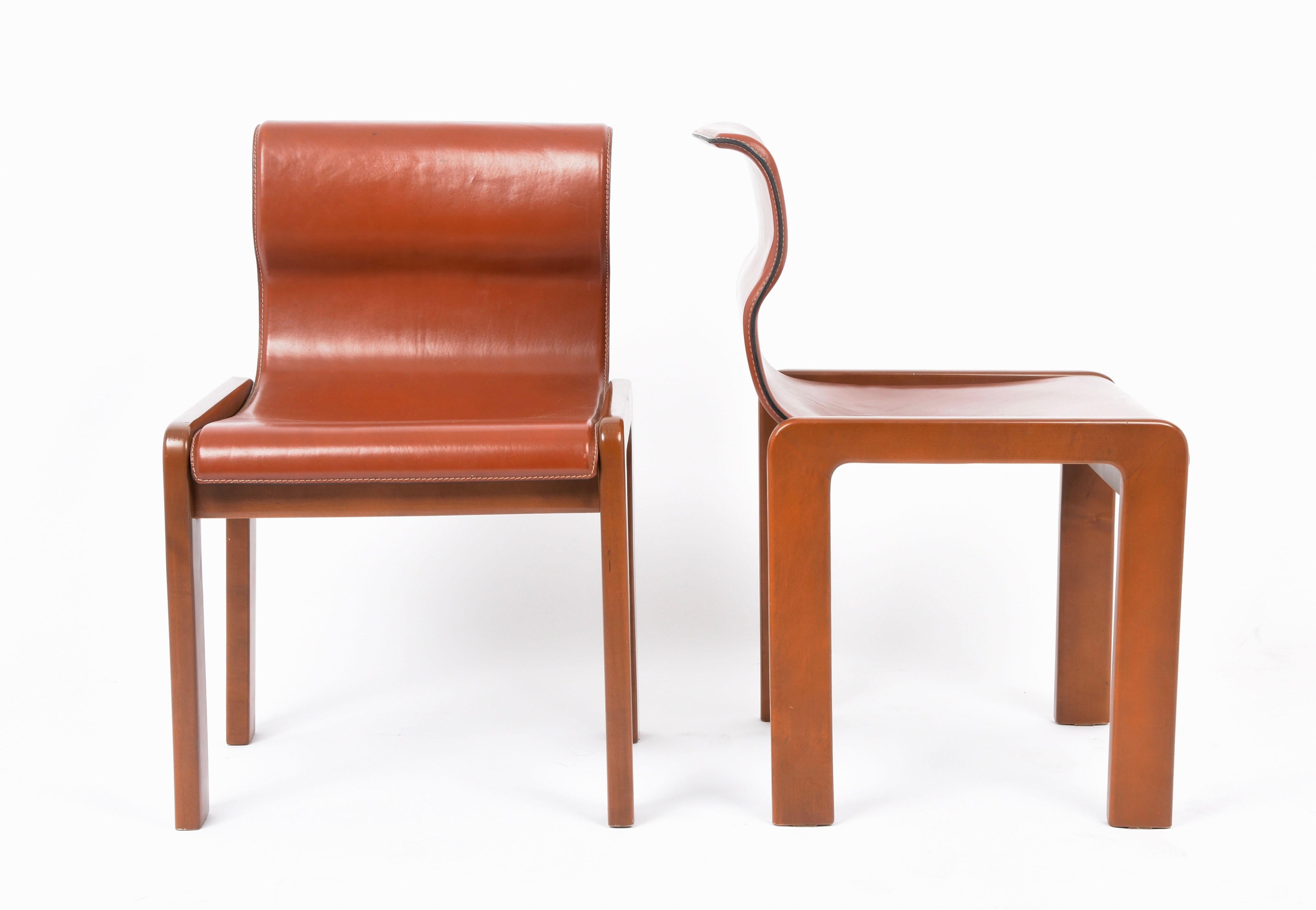 Set of Midcentury Tobia & Afra Scarpa Leather and Wood Italian Chairs, 1960s 4