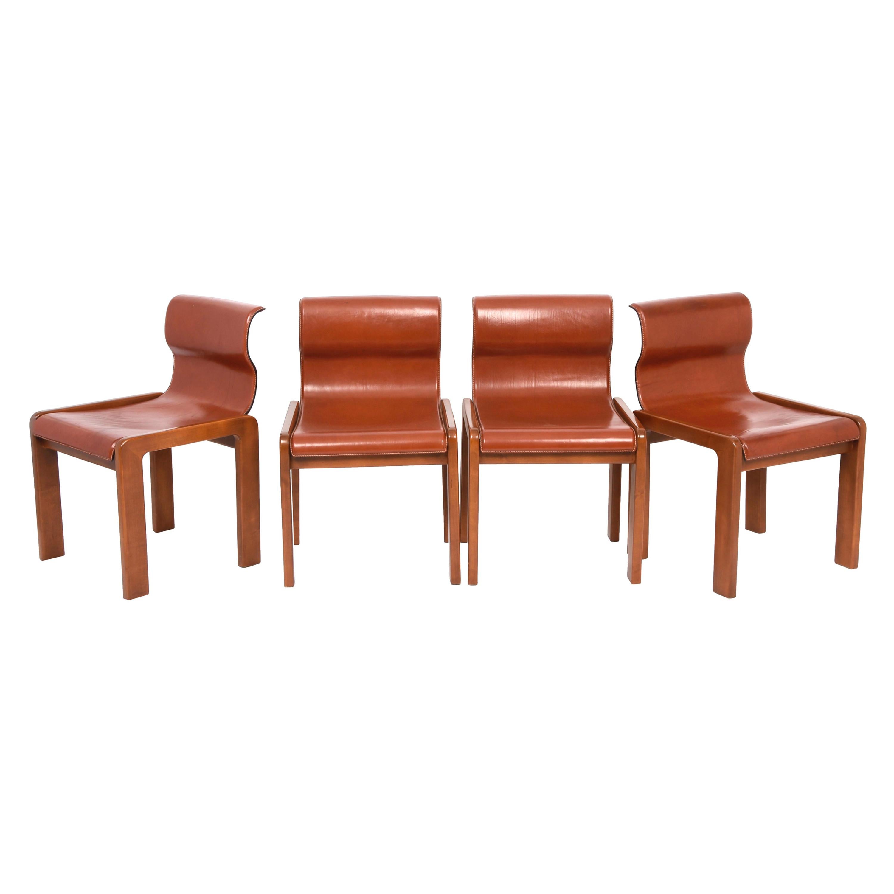 Set of Midcentury Tobia & Afra Scarpa Leather and Wood Italian Chairs, 1960s