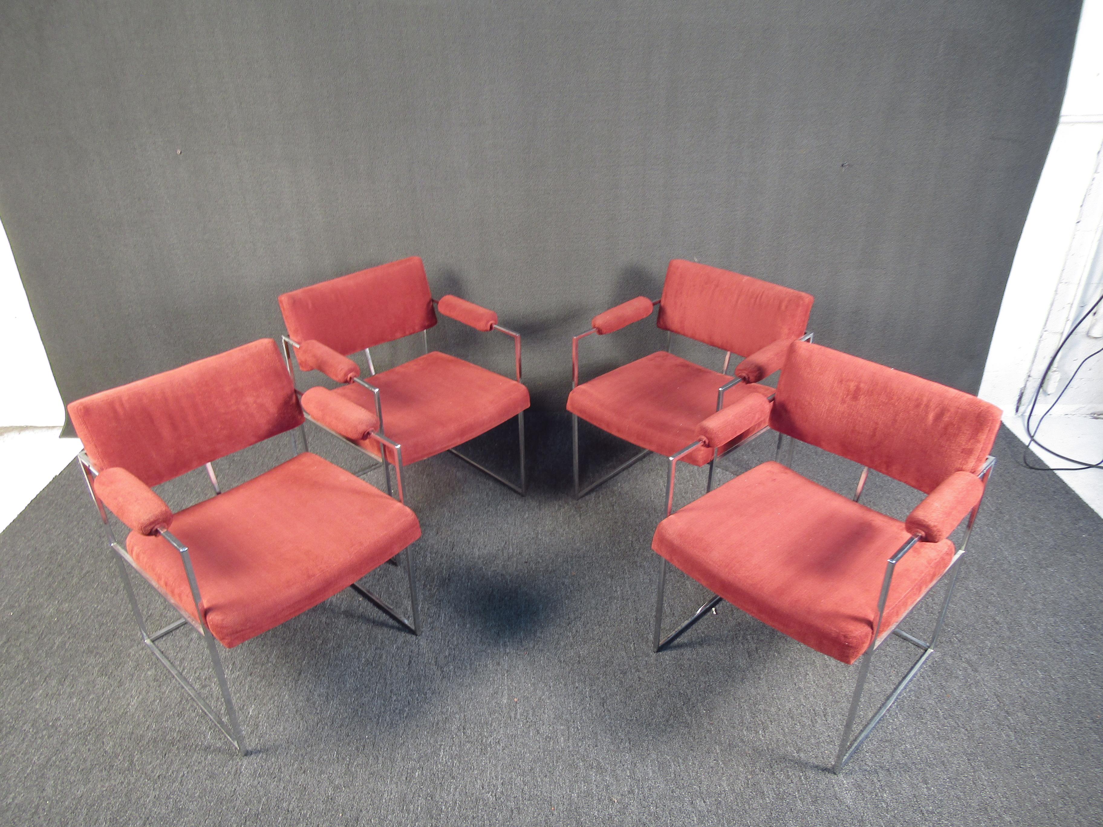 Mid-Century Modern Set of Milo Baughman Chrome and Upholstery Armchairs