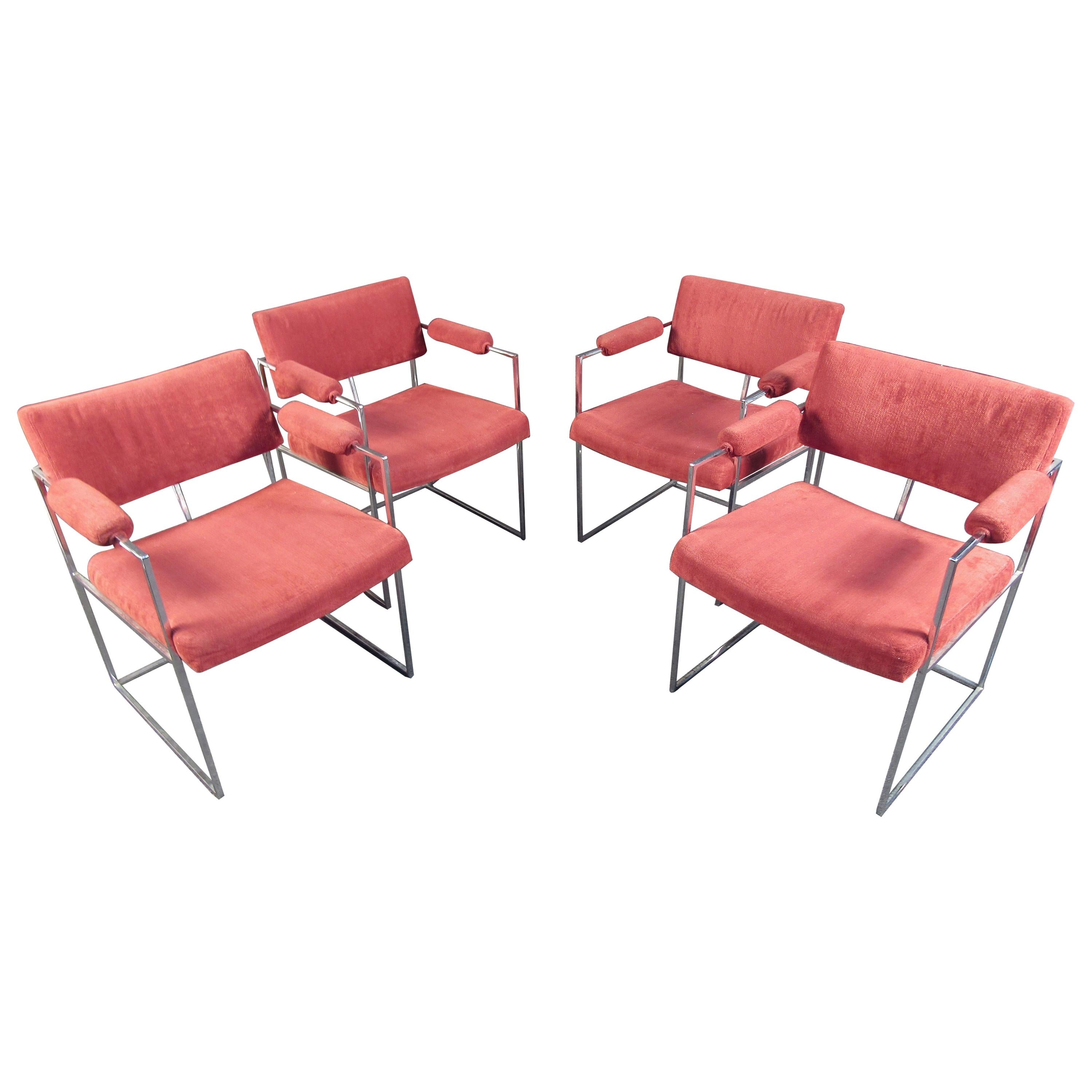 Set of Milo Baughman Chrome and Upholstery Armchairs