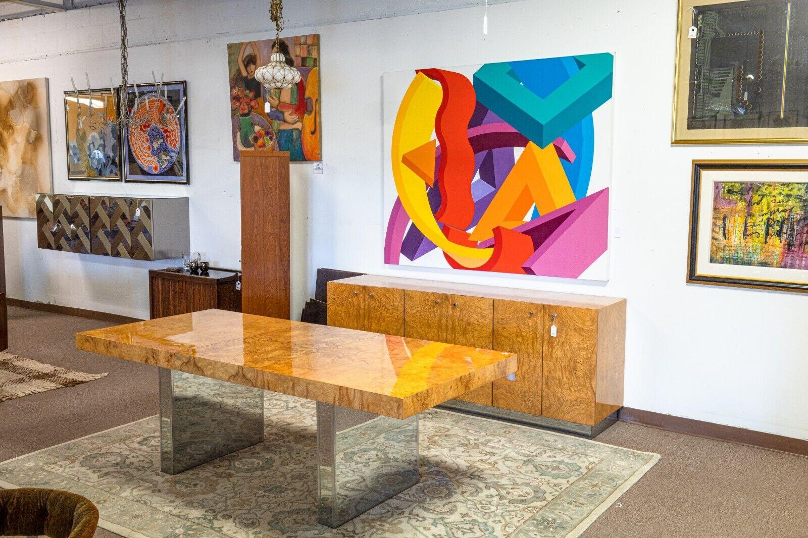 20th Century Set of Milo Baughman for Thayer Coggin Burlwood Chrome Credenza and Dining Table