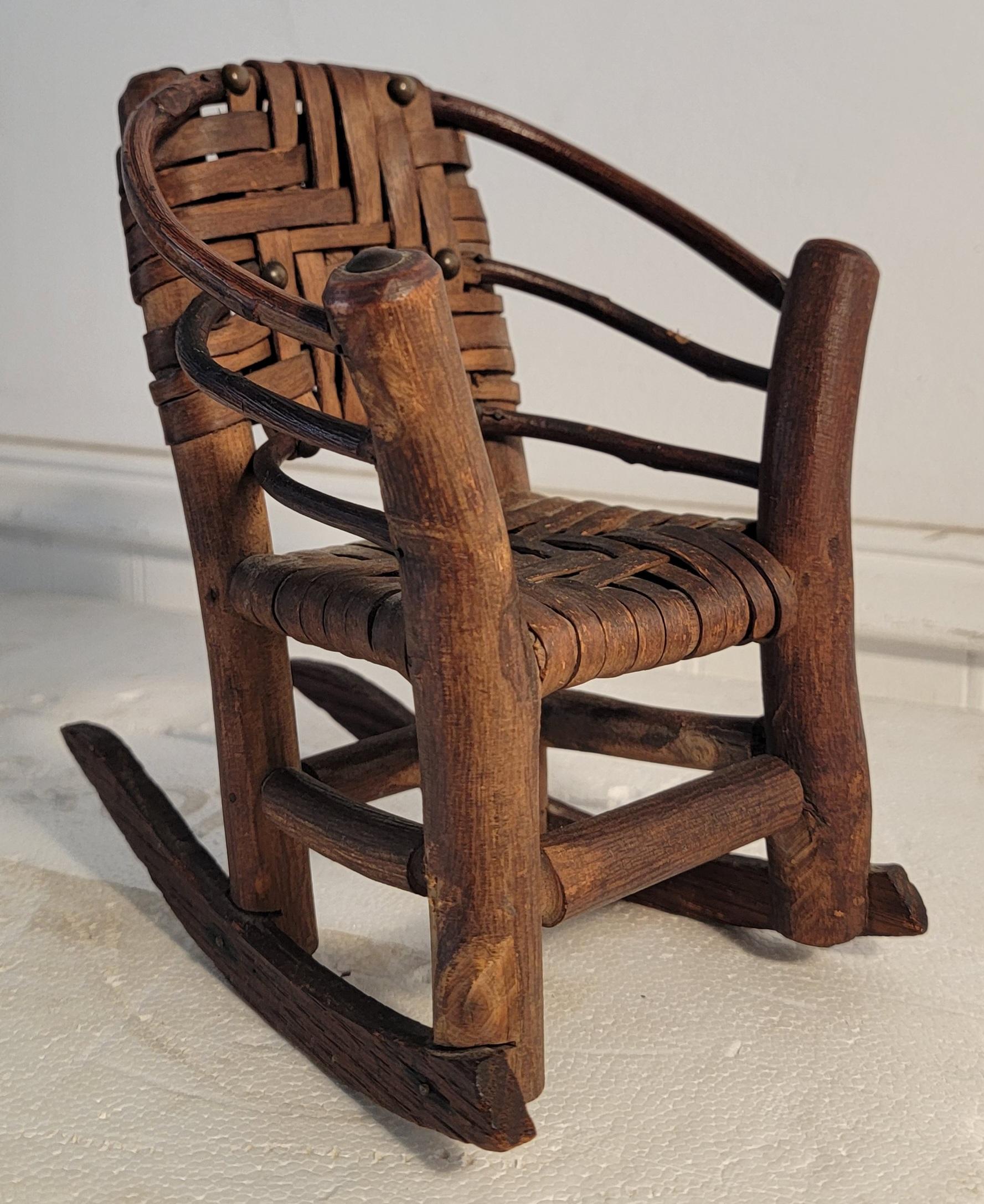 Set of Miniature Hickory Salesman Sample Settee, Chair And Rocker For Sale 12