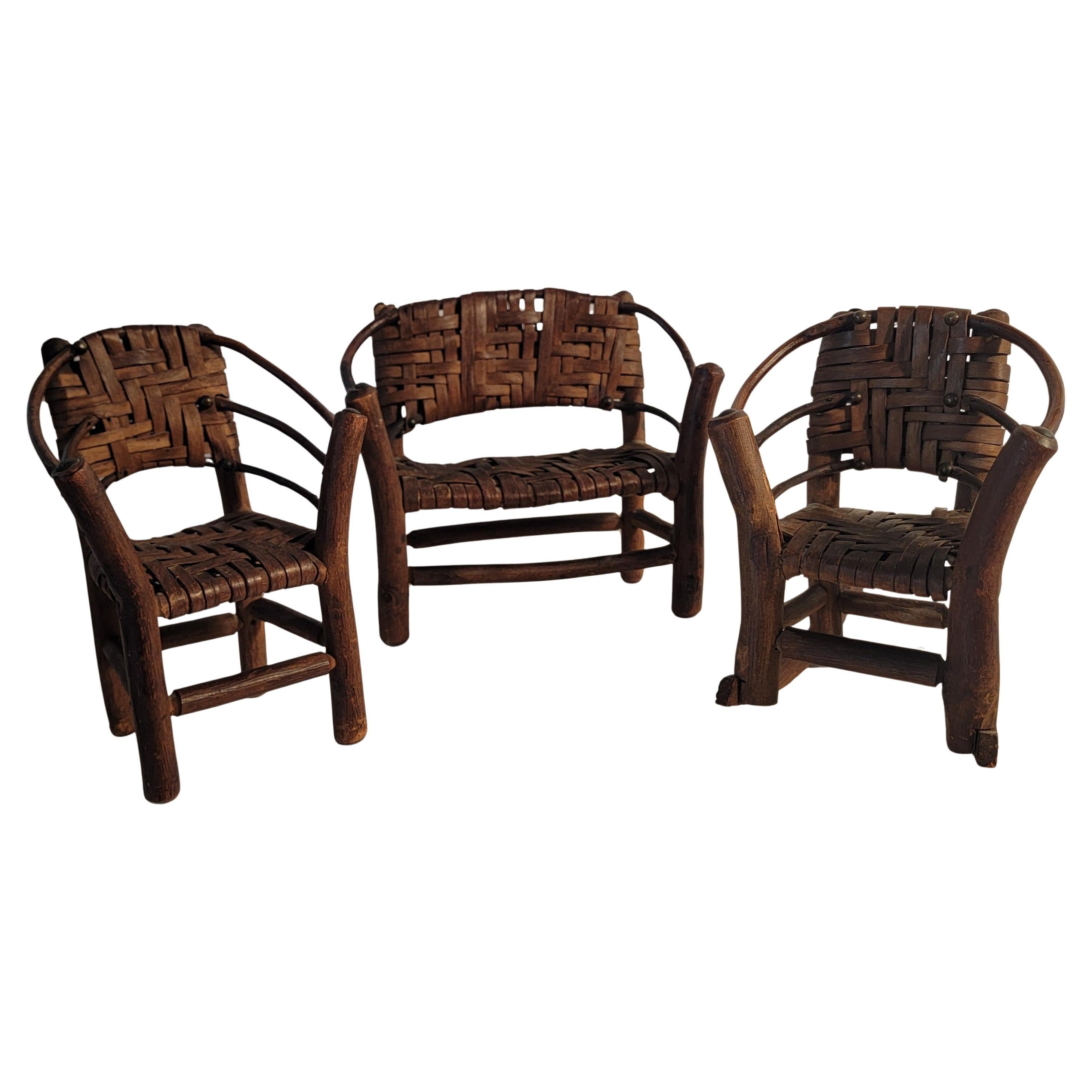 Set of Miniature Hickory Salesman Sample Settee, Chair And Rocker For Sale