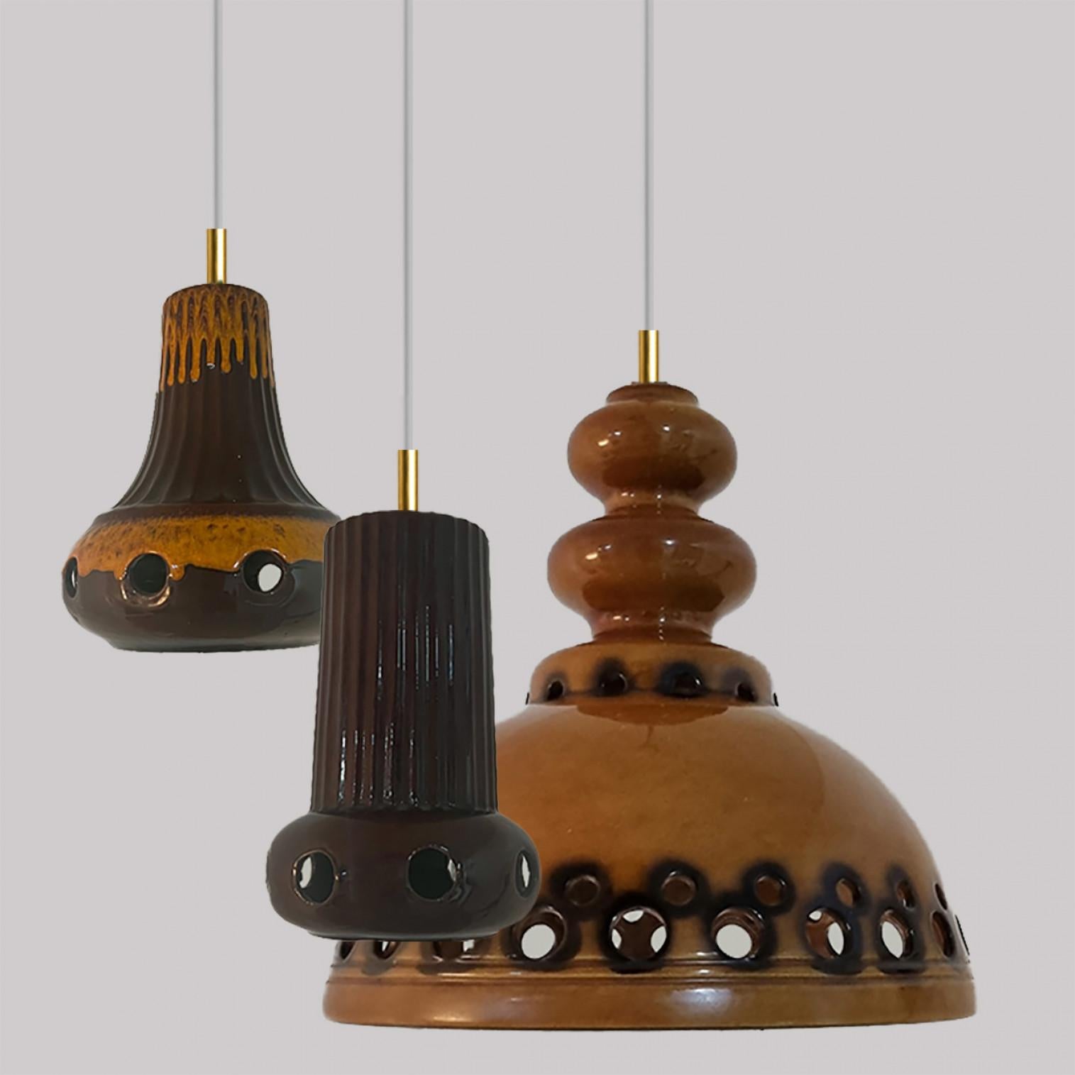 Set of Mixed Brown Glazed Ceramic Pendant Lights, Germany, 1970s In Good Condition For Sale In Rijssen, NL