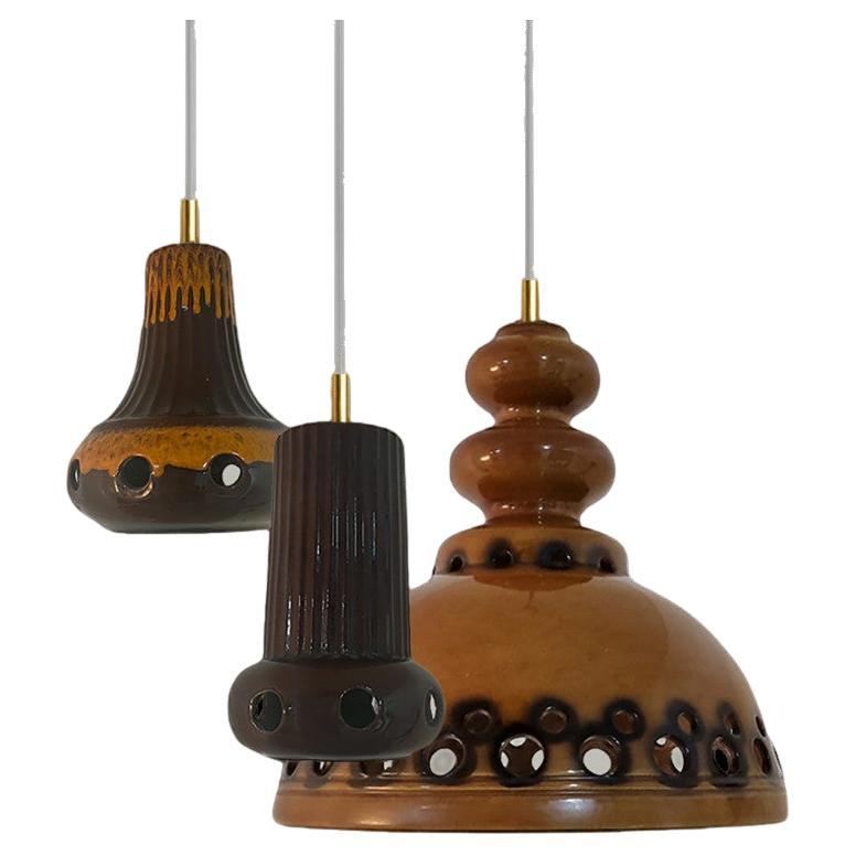 Set of Mixed Brown Glazed Ceramic Pendant Lights, Germany, 1970s For Sale