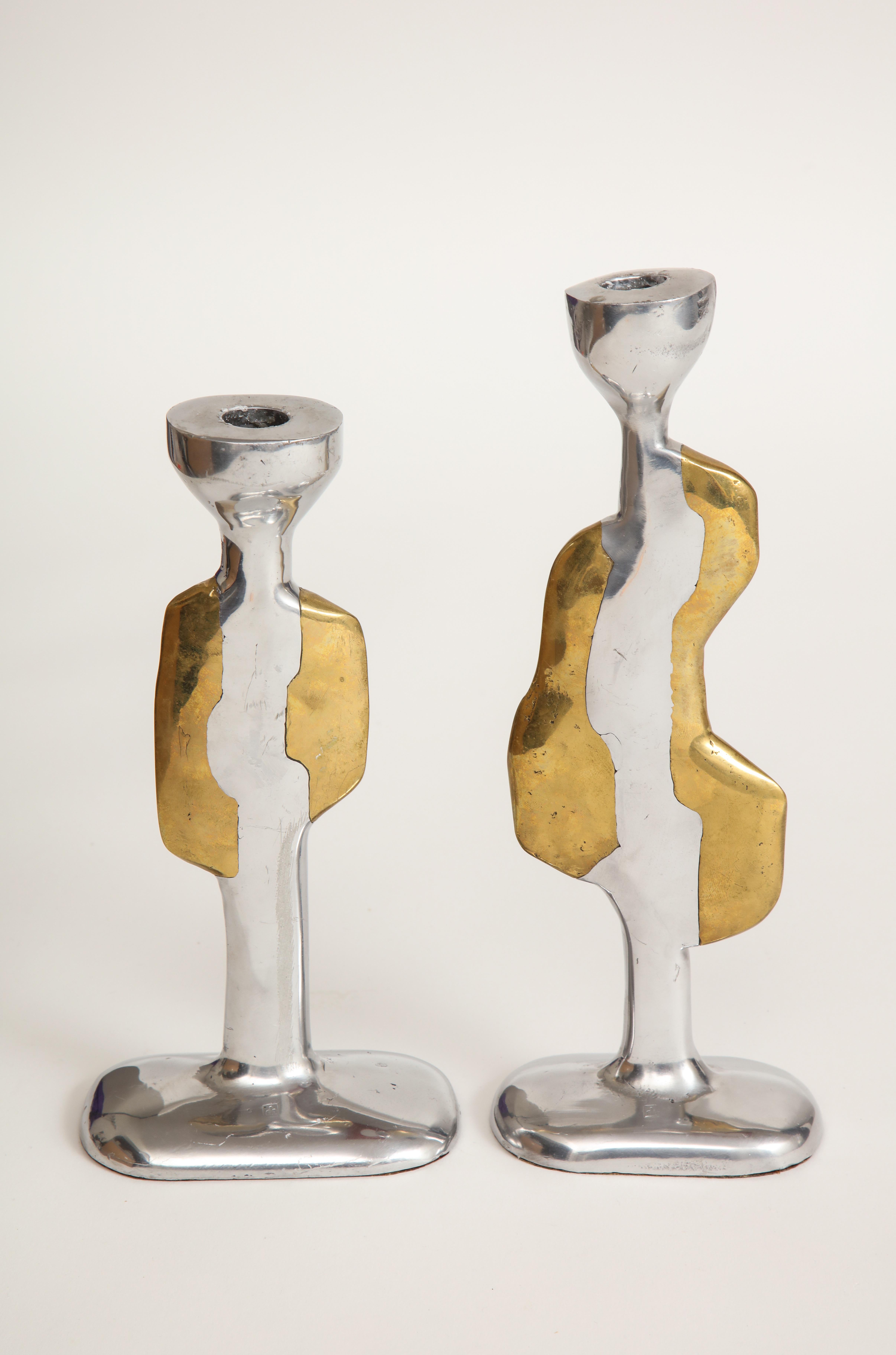 David Marshall Set of Mixed Metal Vintage Candlesticks, Marked, USA 1960's For Sale 3