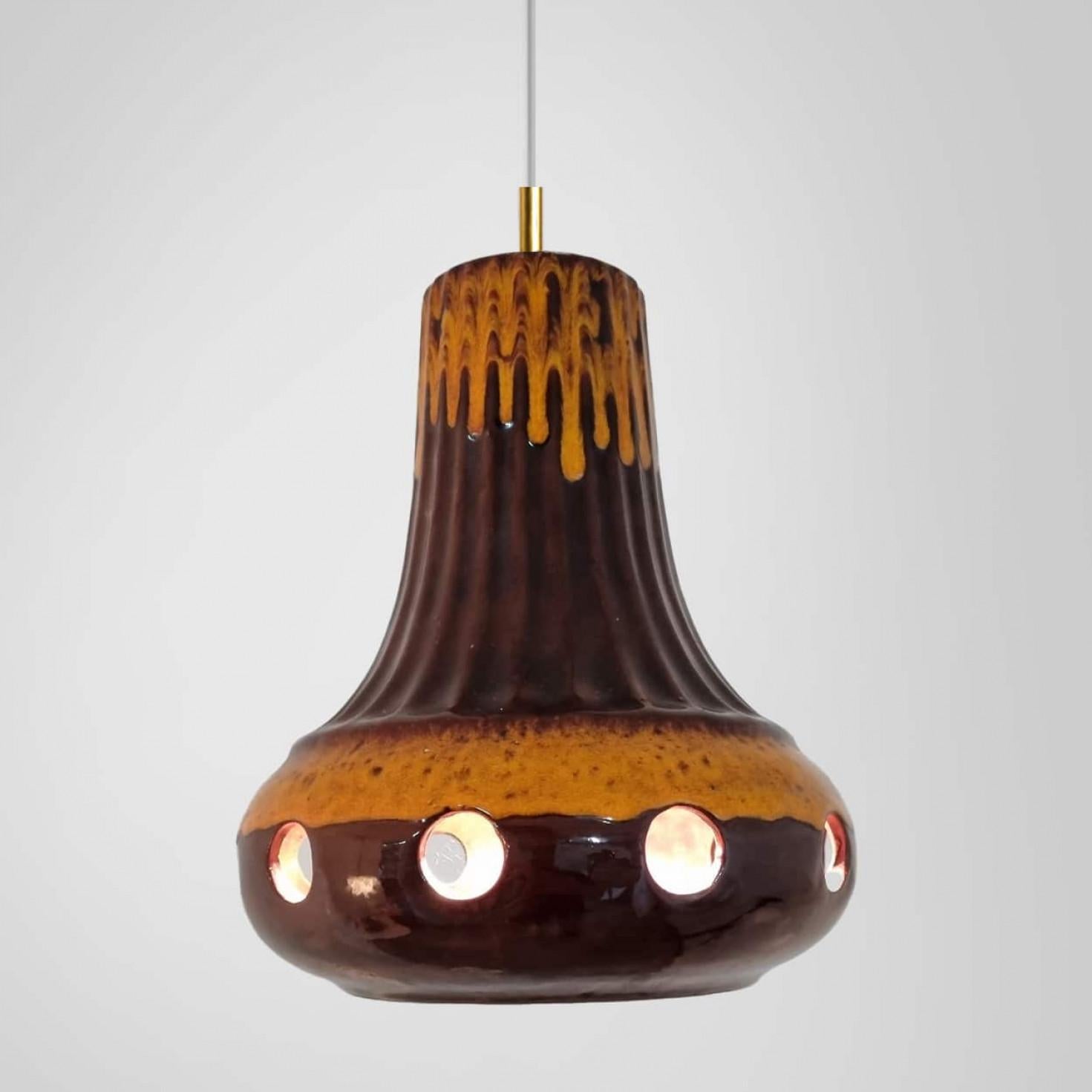 Brass Set of Mixed Orange Glazed Ceramic Pendant Lights, Germany, 1970s For Sale