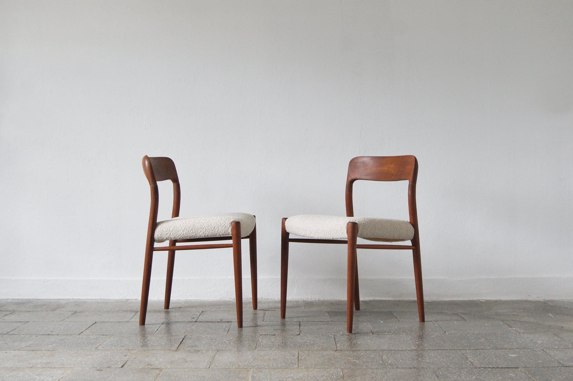 Timeless Danish dining chairs in Mid Century style designed by Niels Otto Møller. These beautifully carved, comfortable pieces feature typical Danish organic design, solid teak frames and boucle upholstery.
The chair is extremely comfortable, a