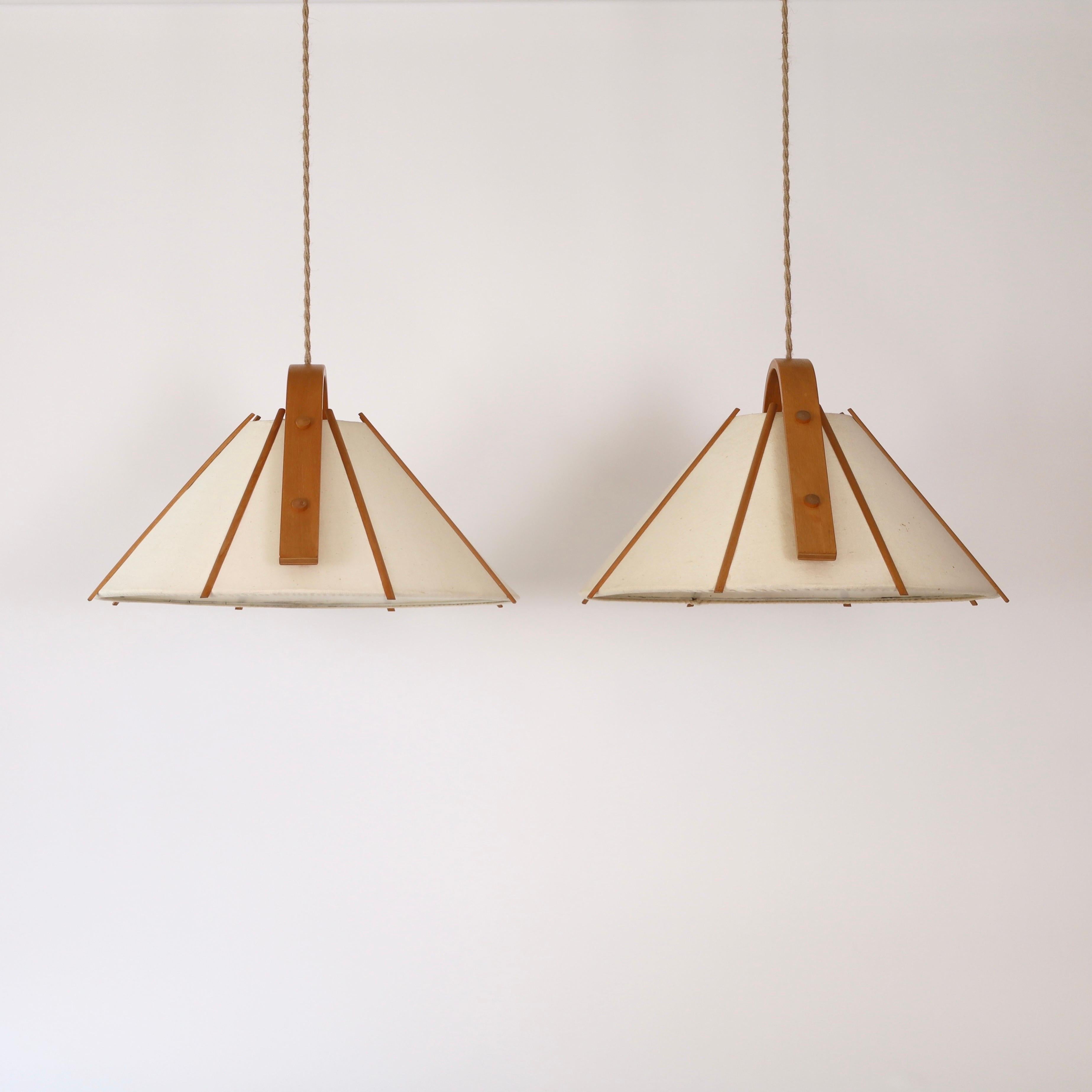 Fabric Set of Modern beech wood pendant lights by Jan Wickelgren, 1970s, Sweden