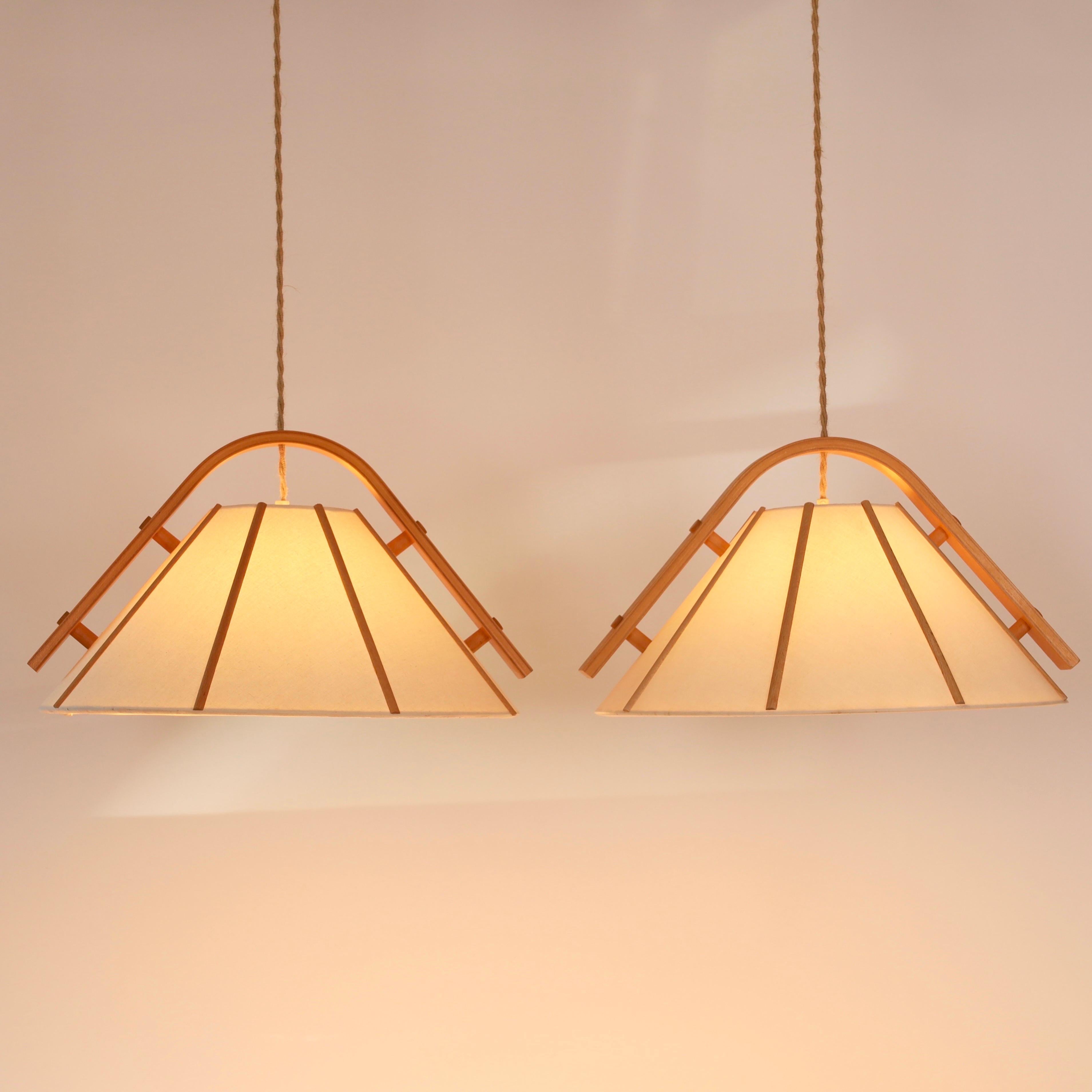 Fabric Set of Modern beech wood pendant lights by Jan Wickelgren, 1970s, Sweden