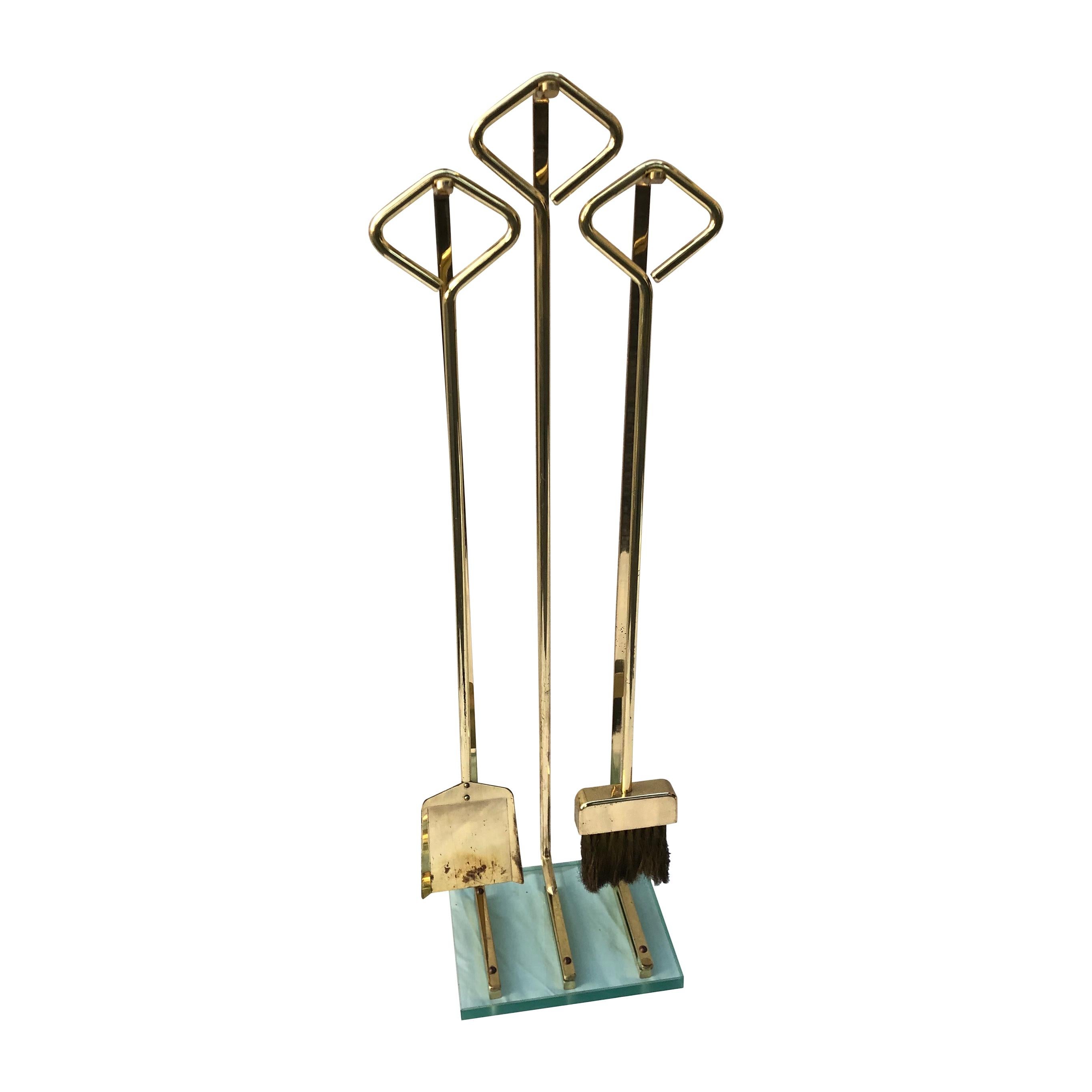 Set of Modern Brass and Glass Fireplace Tools