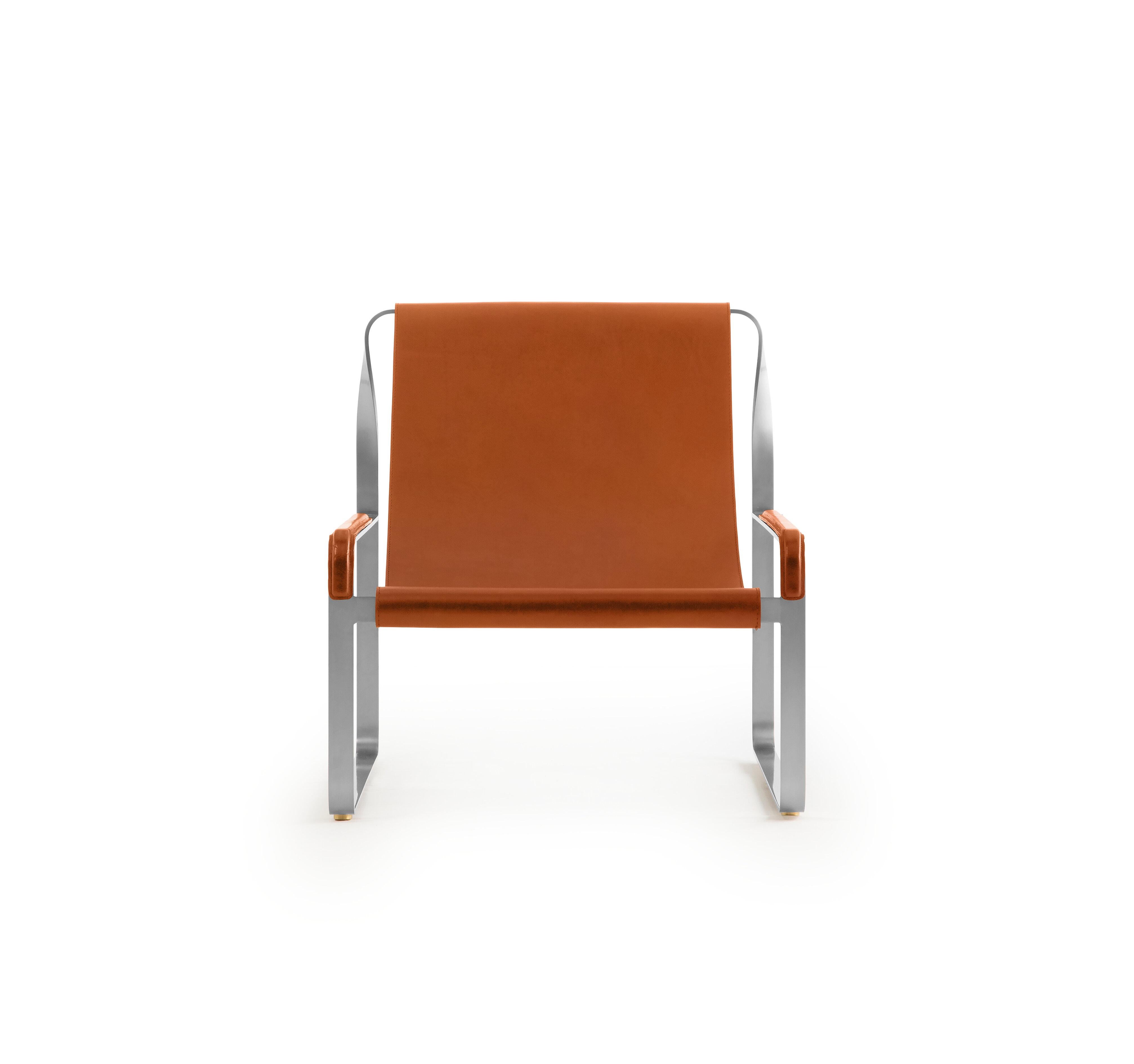 Handgefertigte Contemporary Chaise Lounge & Fußhocker Silberner Stahl & Tabakleder im Zustand „Neu“ im Angebot in Alcoy, Alicante