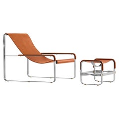 Set of Modern Chaise Lounge and Footstool, Silver Steel and Tobacco Leather