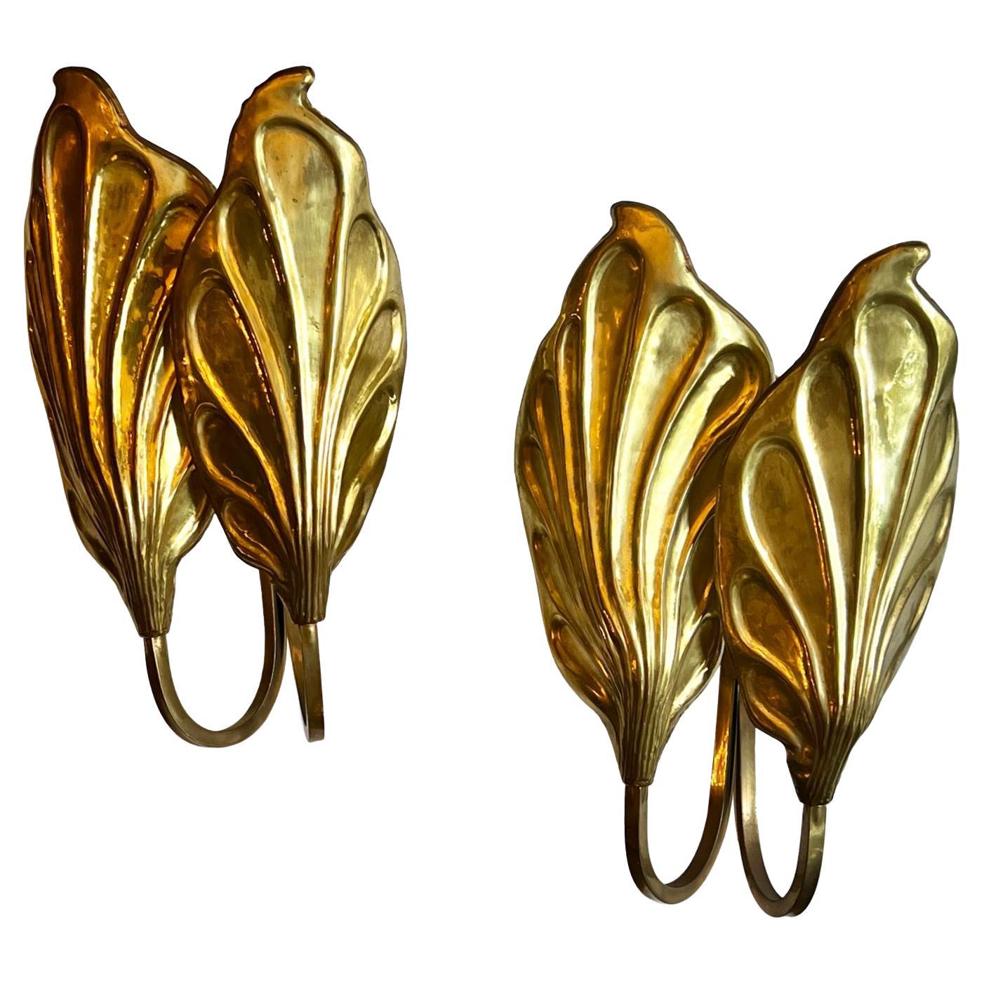 Set of Moderne Brass Leaf Sconces, Sold Per Pair For Sale