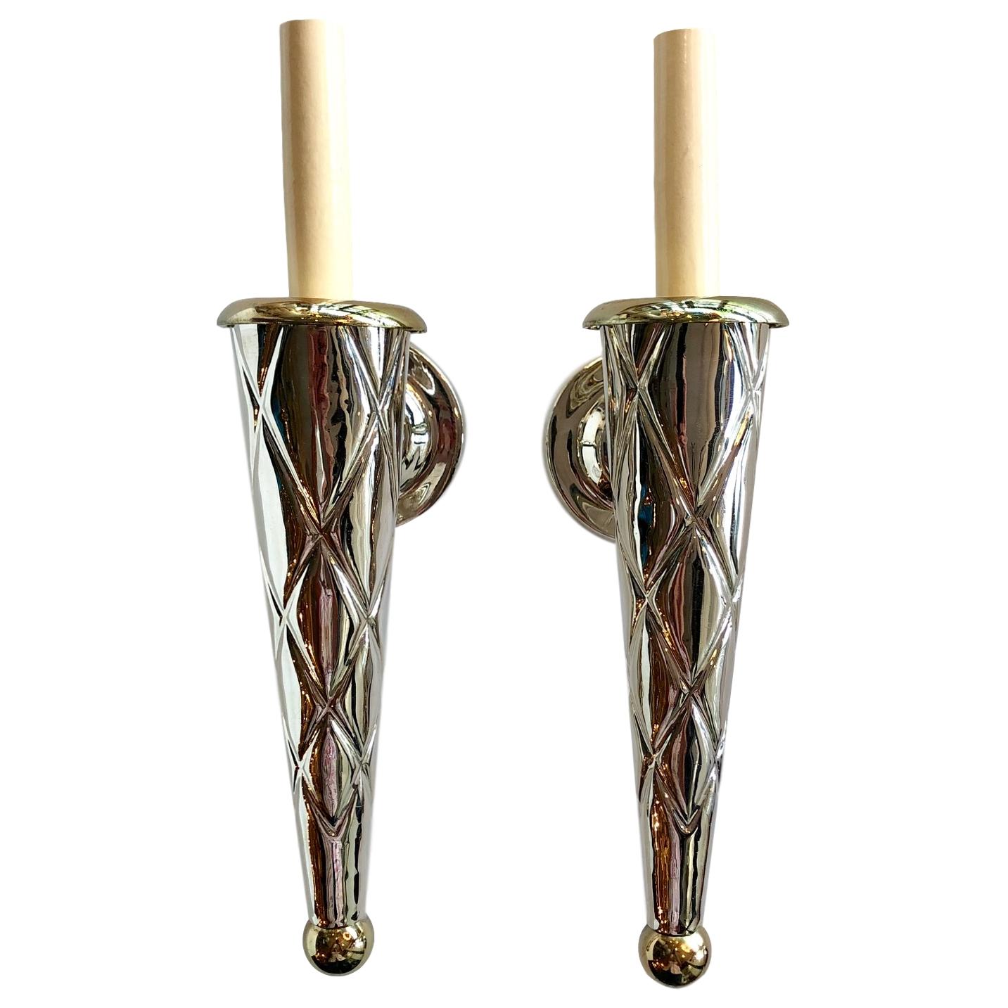 Set of 4 Italian Moderne style nickel plated and brass sconces. 

Measurements:
14
