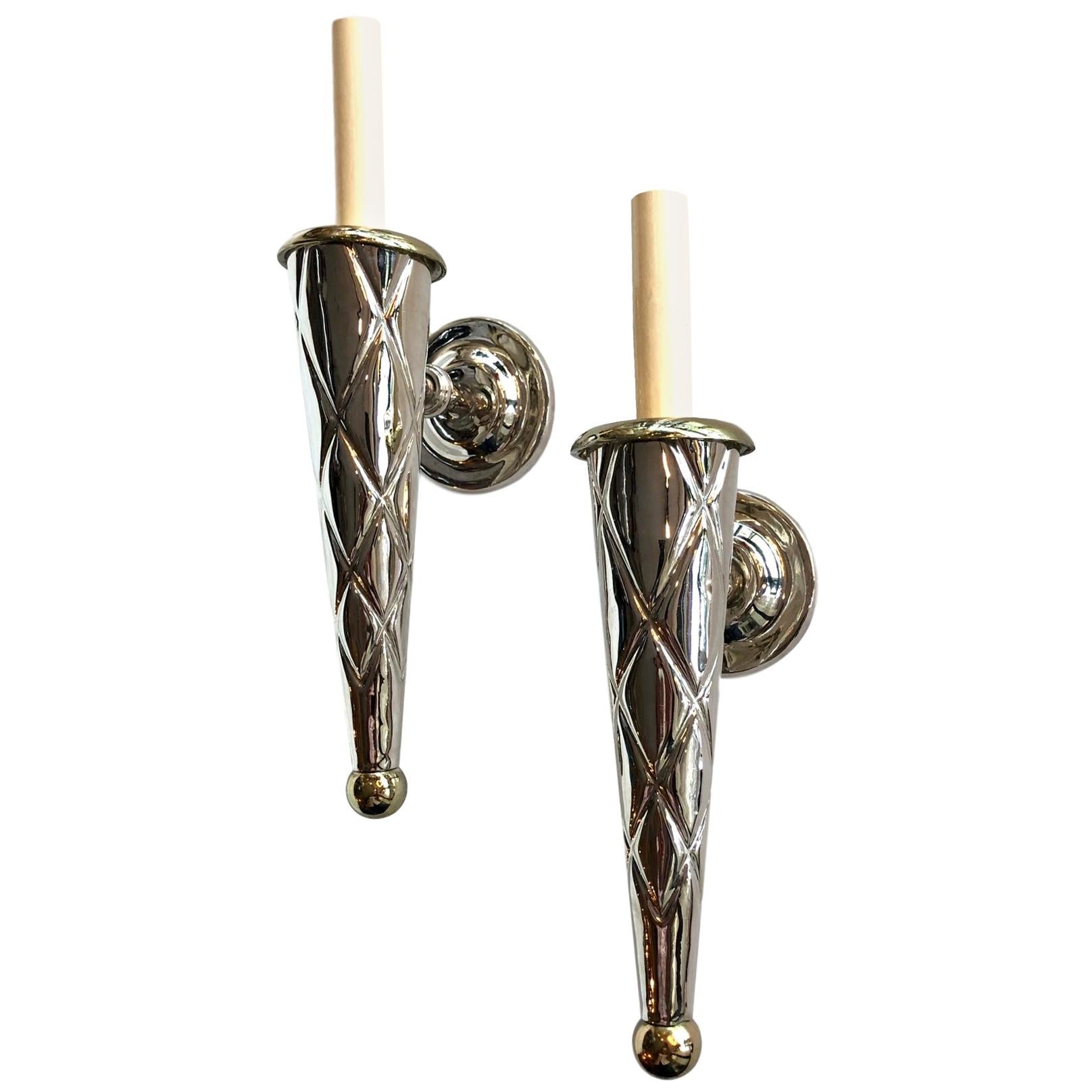 Set of Moderne Nickel and Brass Sconces For Sale