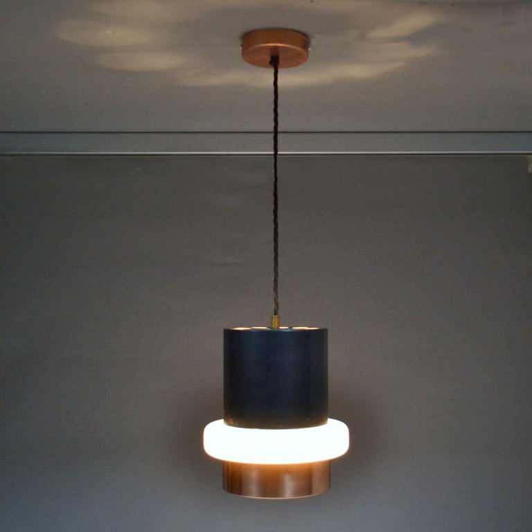 Set of Modernist Black Metal, Copper and Glass Pendants by Philips 1960