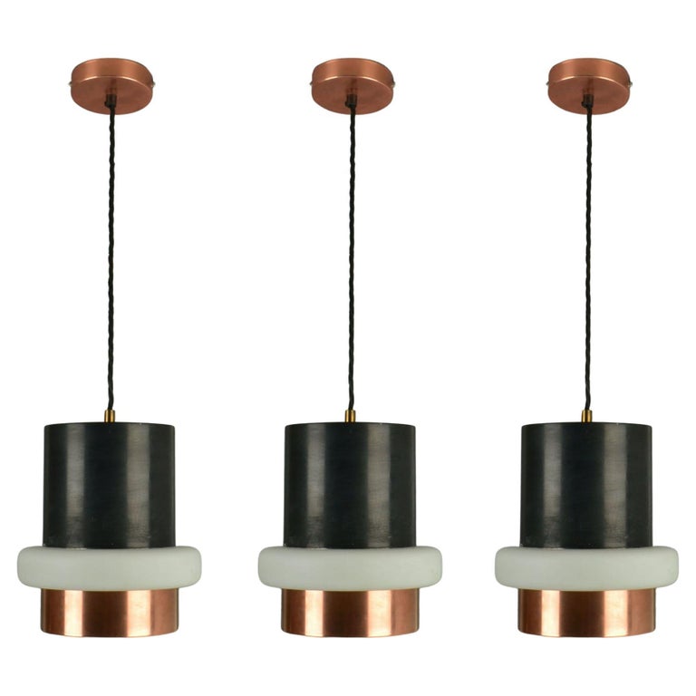 Set of Modernist Black Metal, Copper and Glass Pendants by Philips 1960