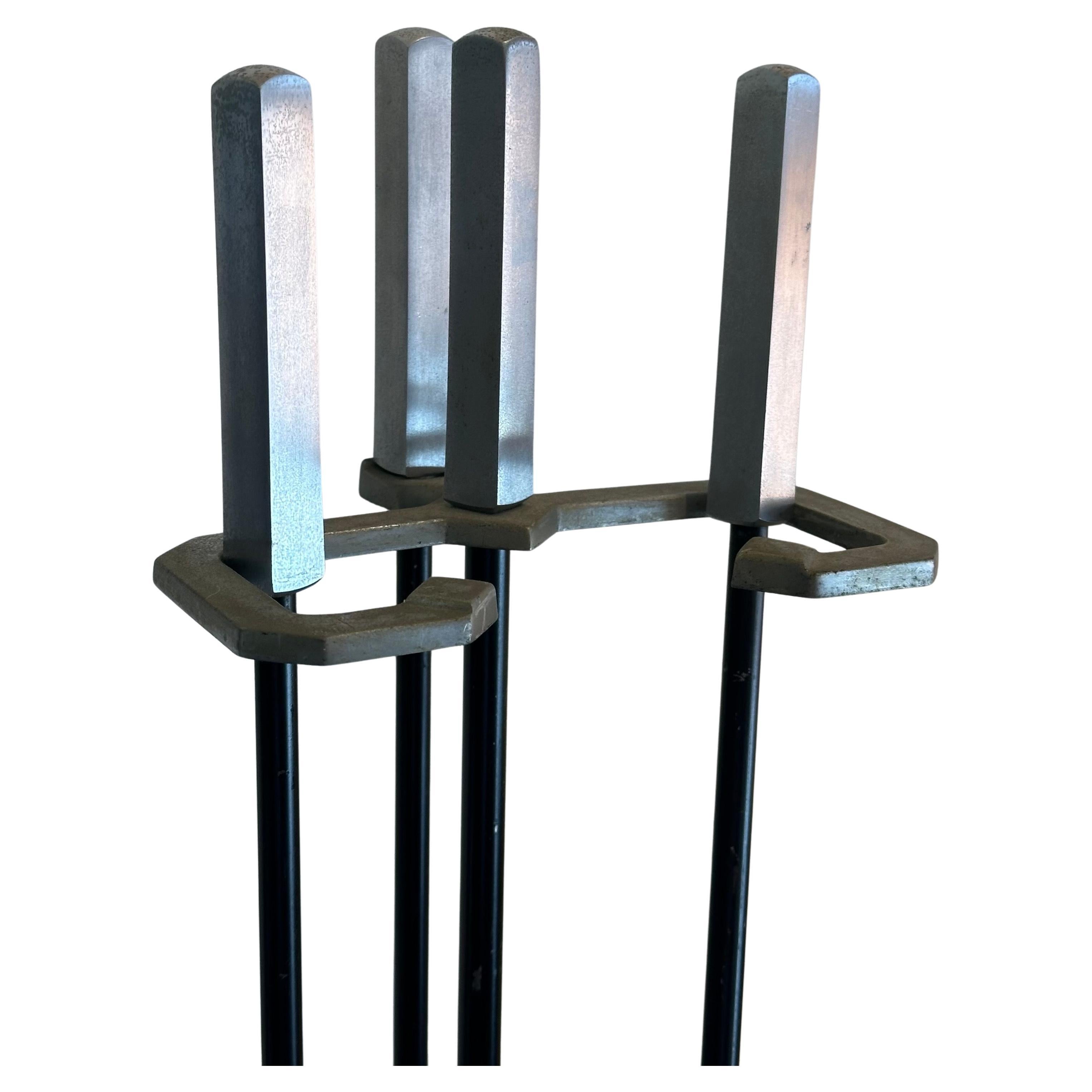 Mid-Century Modern Set of Modernist Fireplace Tools with Steel Handles For Sale