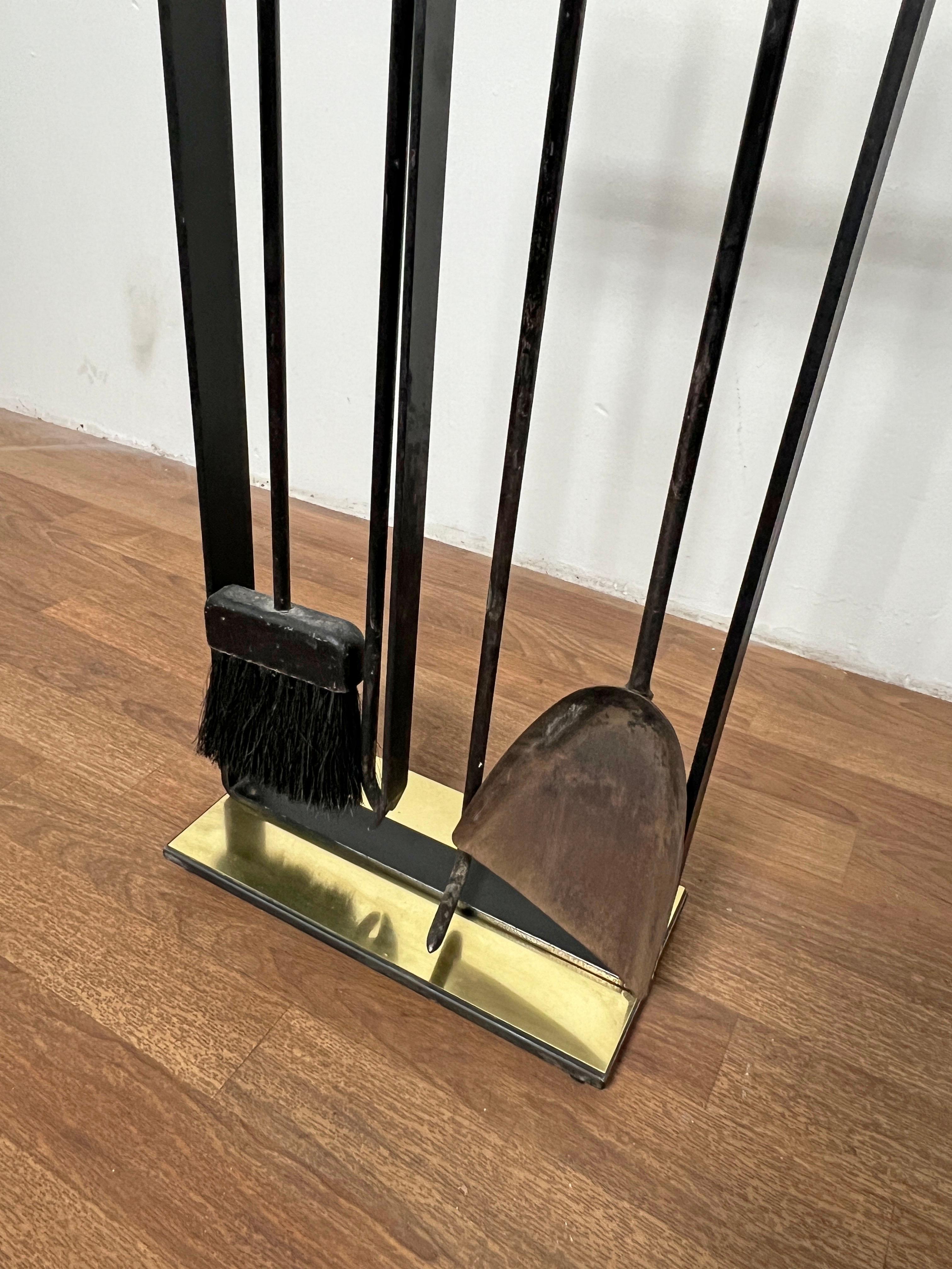 American Set of Modernist Pilgrim Mfg. Brass and Wrought Iron Fireplace Tools Circa 1960s For Sale