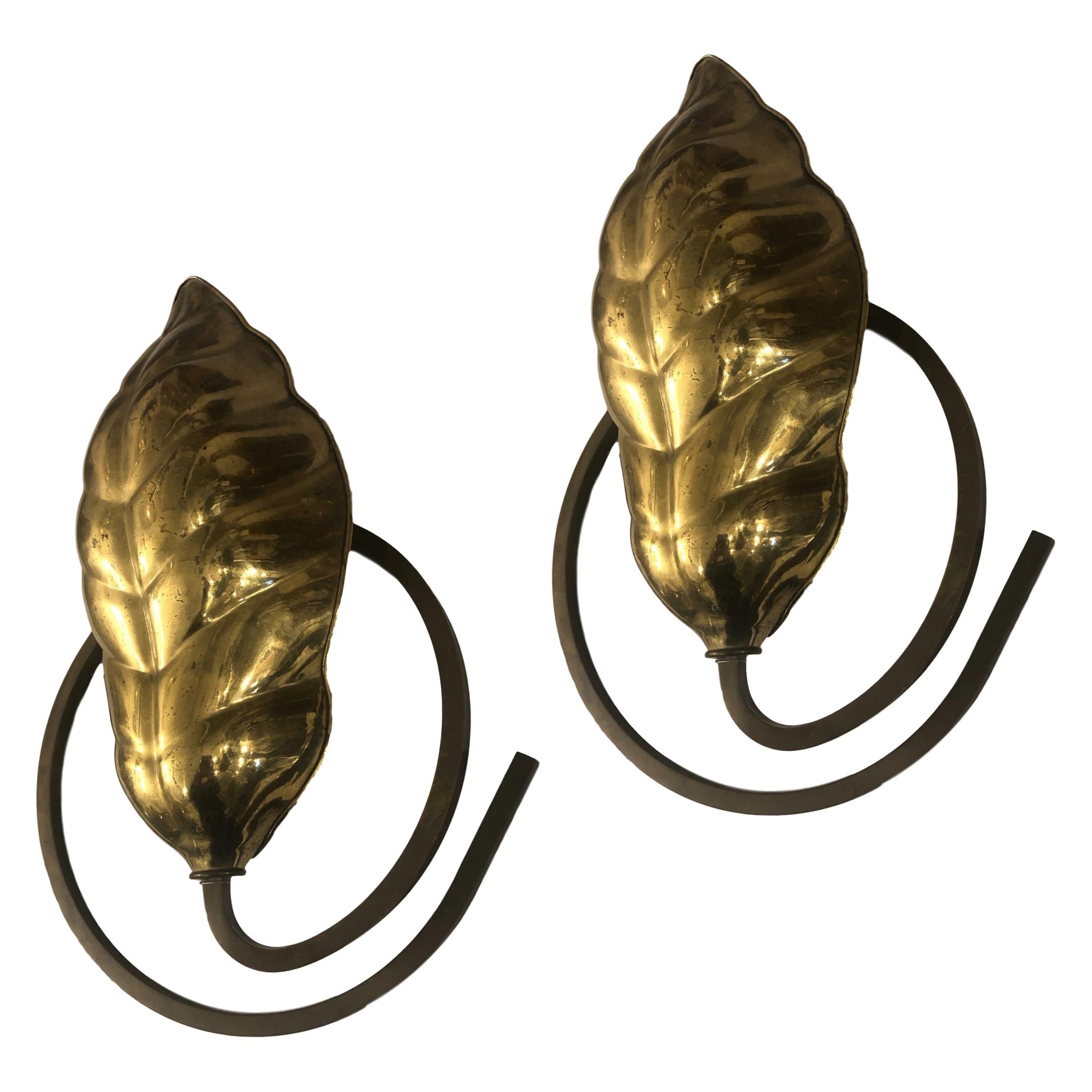 Set of Modernist Scrolled Leaf Brass Sconces, Sold Per Pair For Sale