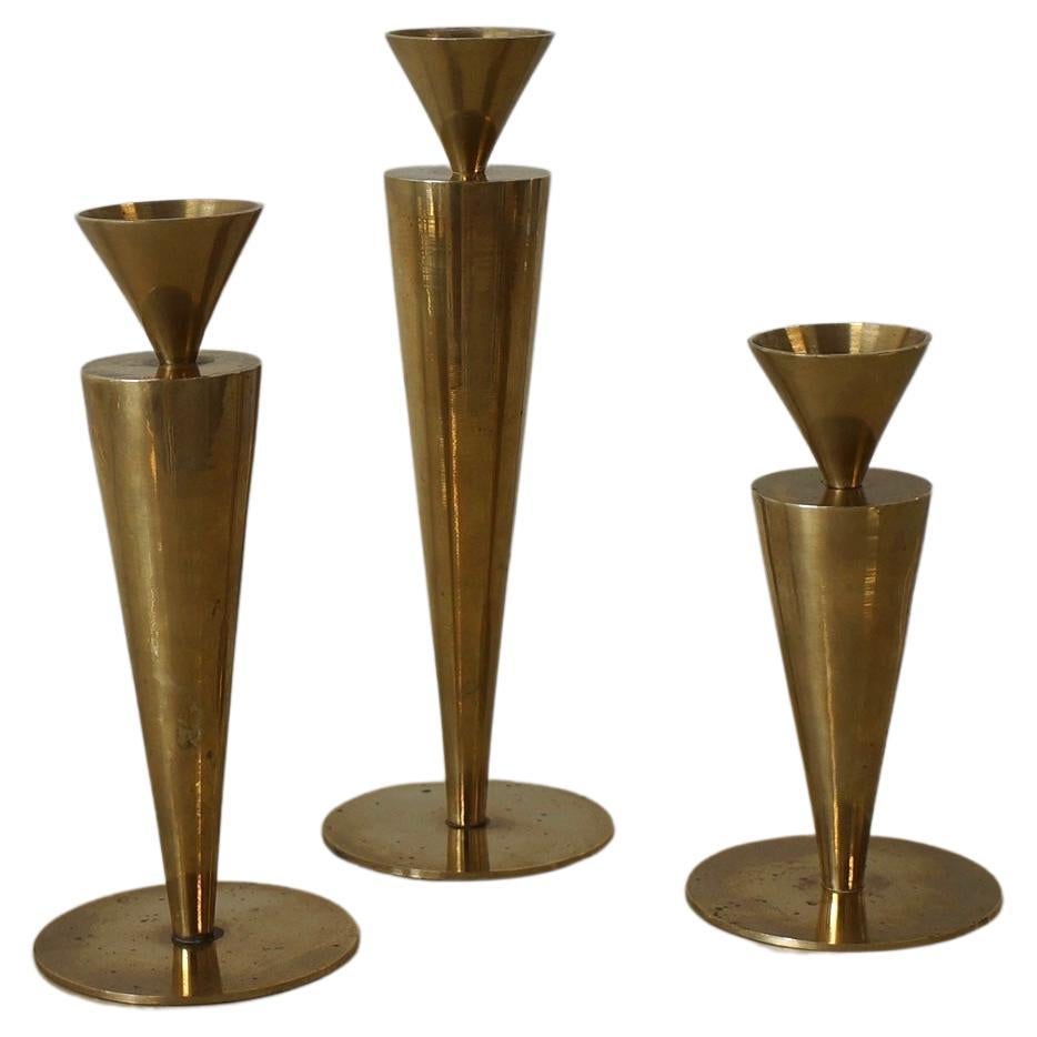 Set of Modernist Sculptural Brass Candleholder 