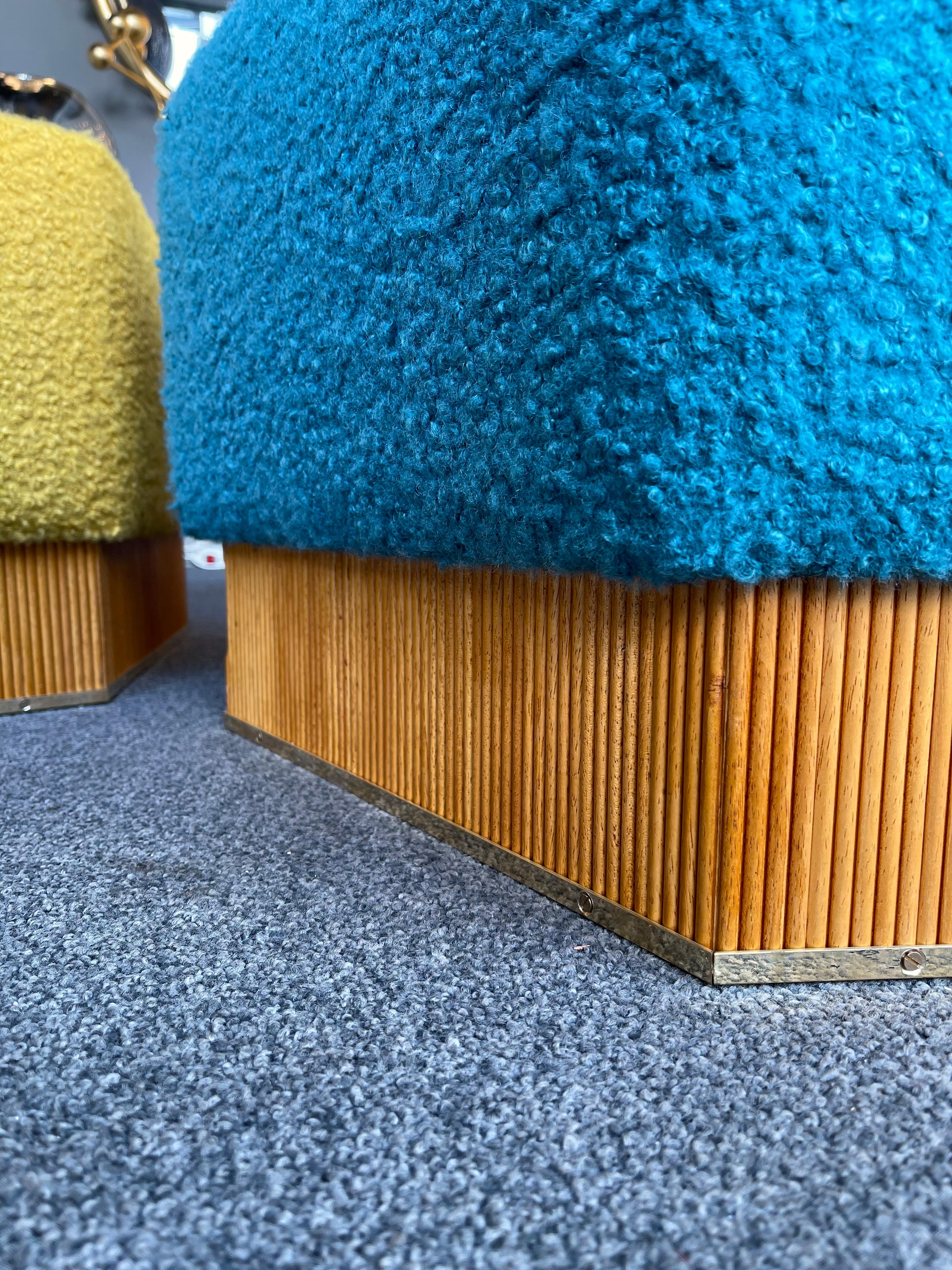 Set of Modular Pouf Wood and Brass in Bouclé, Italy, 1980s 7