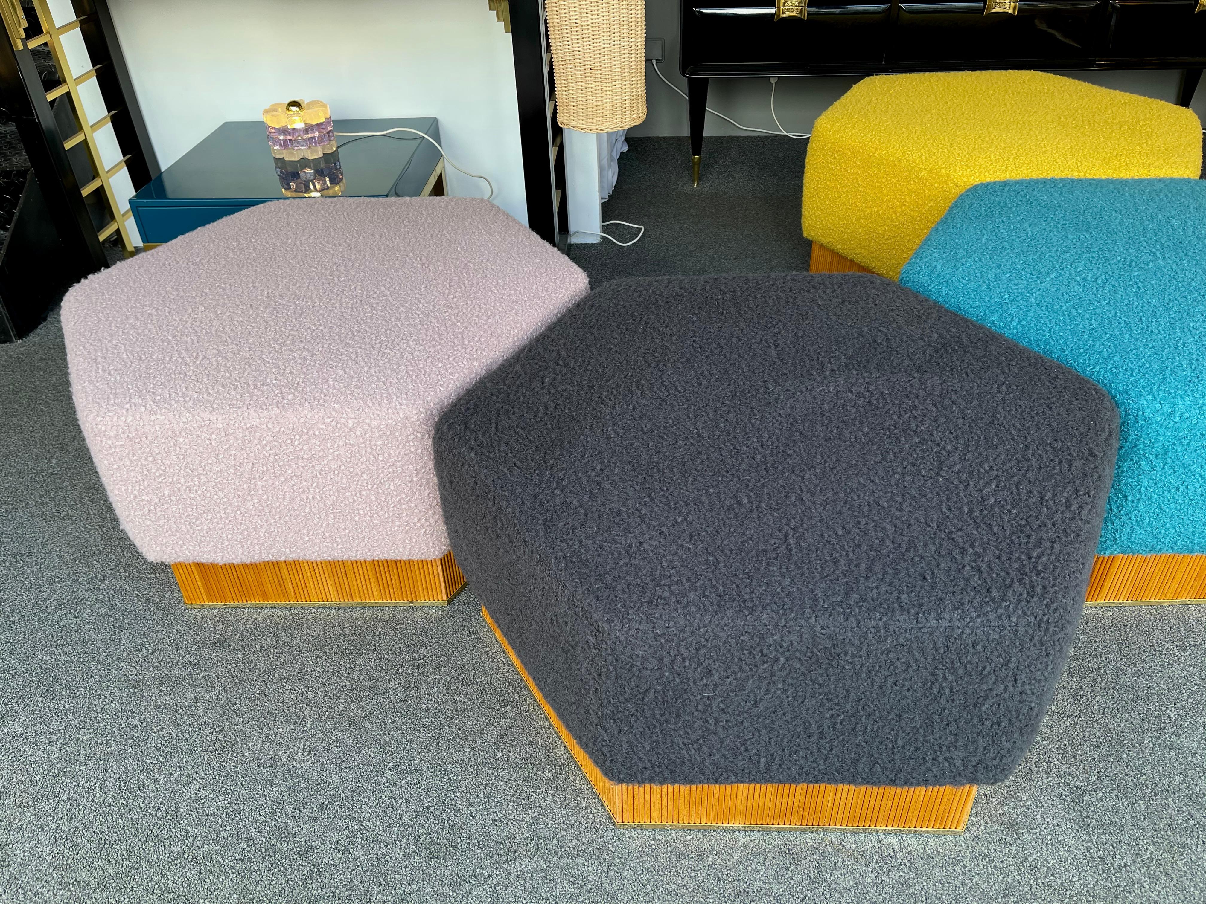 Set of Modular Pouf Wood and Brass in Bouclé, Italy, 1980s 8