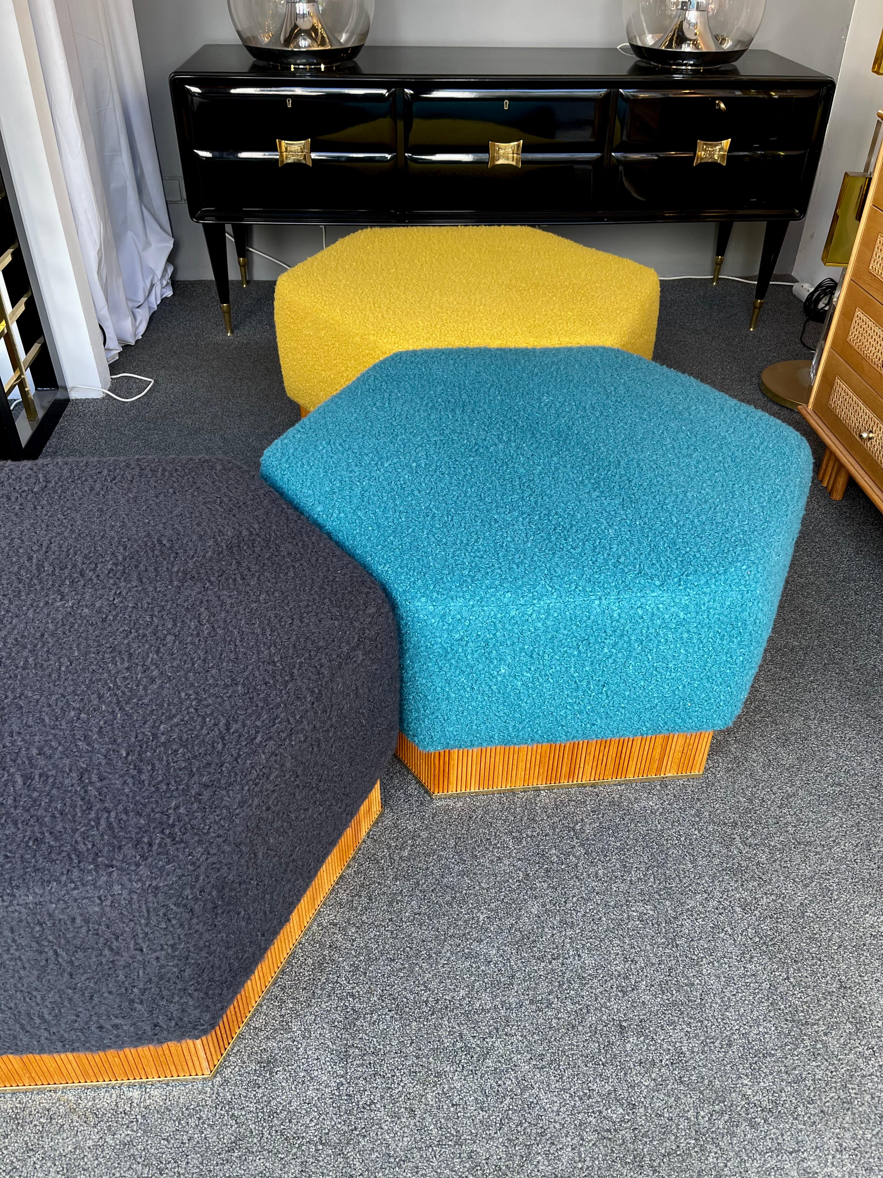 Set of Modular Pouf Wood and Brass in Bouclé, Italy, 1980s 1