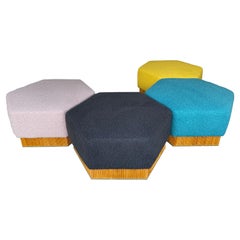 Set of Modular Pouf Wood and Brass in Bouclé, Italy, 1980s