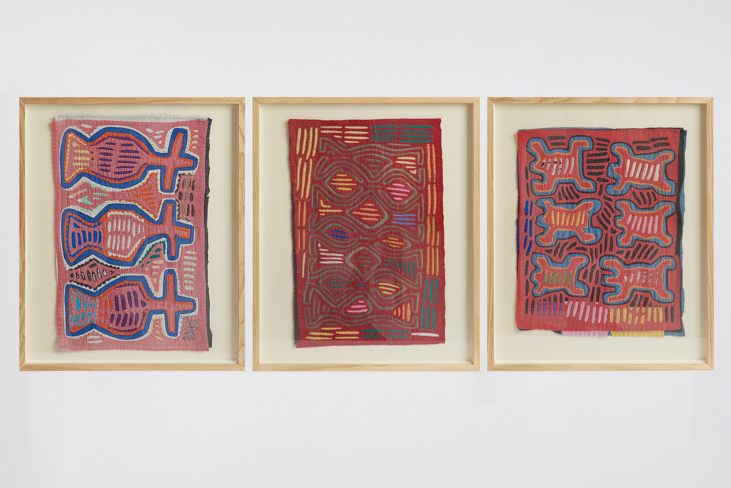 A set of framed Mola textiles.
Traditional clothing of the indigenous Guna people from Panamá and Colombia.
South America, 1960s.
Each: 62.5 cm high by 50.5 cm wide by 2.5 cm depth