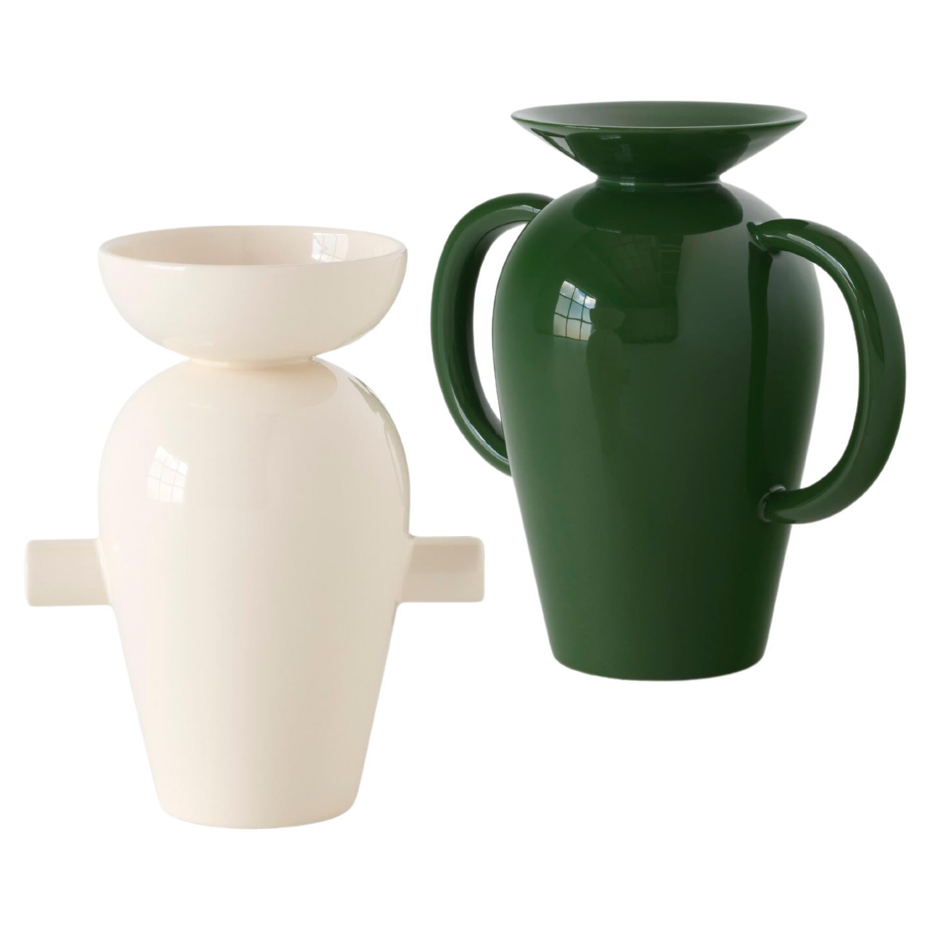 Set of Momento JH40 & JH41 Vases, Cream/Emerald , by Jaime Hayon for &Tradition For Sale