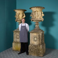 Set of Monumental 2.38m Tall Weathered English Neoclassical Style Garden Urns
