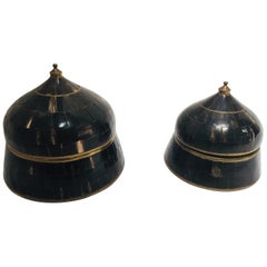 Set of Moorish Decorative Trinket Lidded Box Inlaid with Horn and Brass