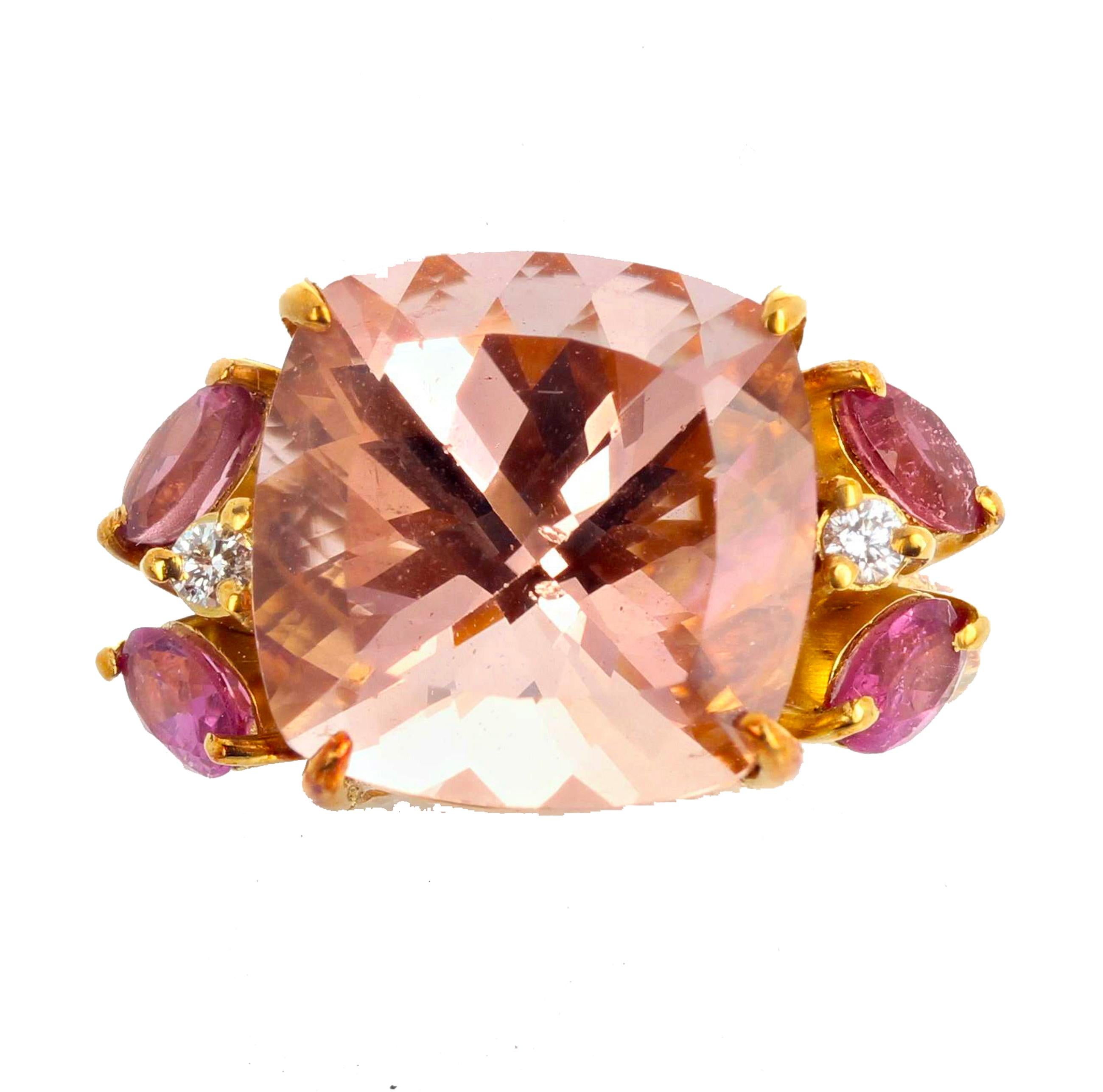Magnificent matching set of unique glittering cushion cut Morganites (12 mm x 10 mm - 5.5 carats each) enhanced with brilliant pink Tourmalines  (7 mm x 7 mm - 1.5 carats each) set in 18KT yellow gold stud earrings.  Matching ring of glittering pink