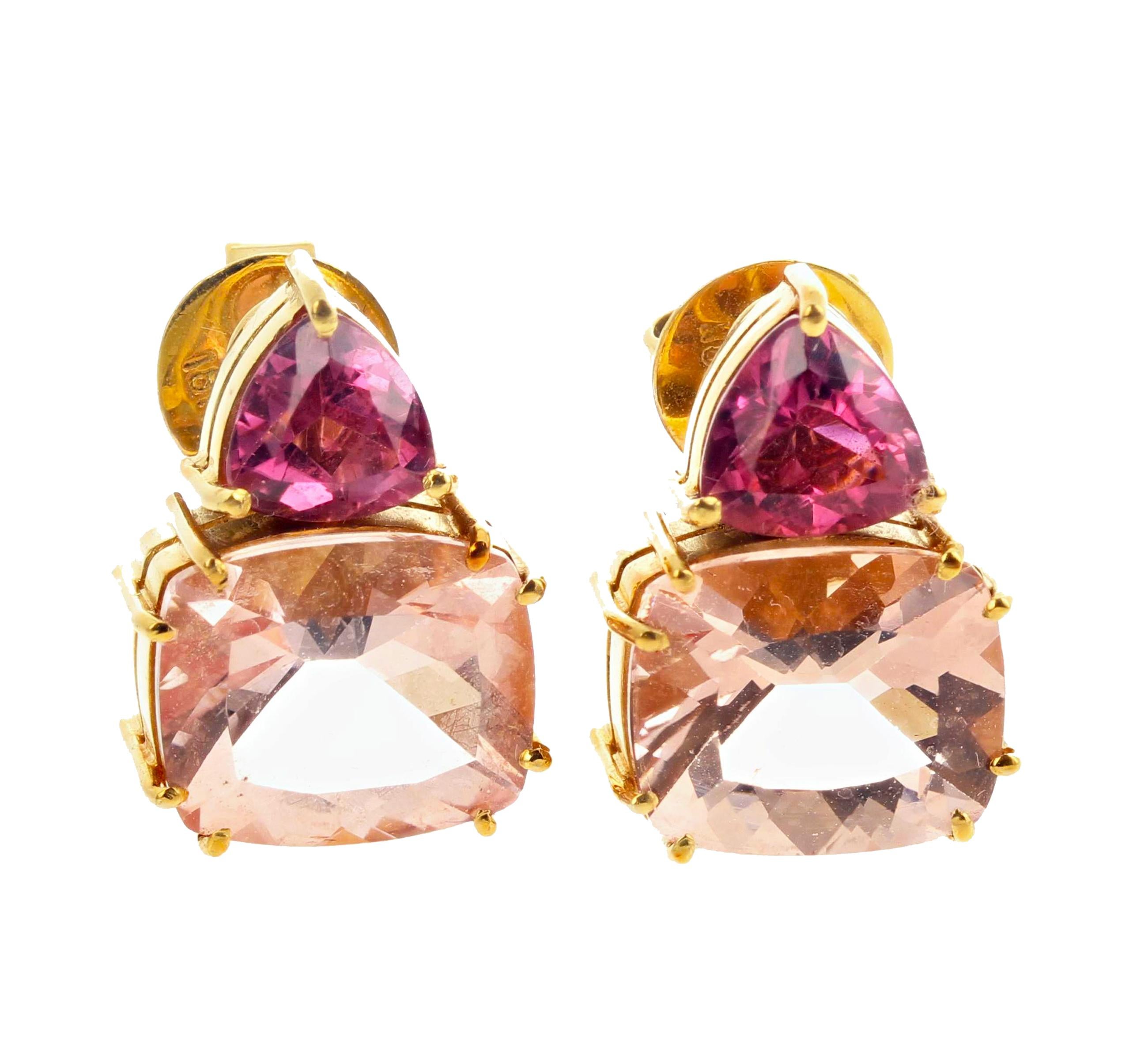 AJD SUPERB Natural Morganite & Rubelite Tourmaline 18Kt Gold Ring &Stud Earrings In New Condition For Sale In Raleigh, NC